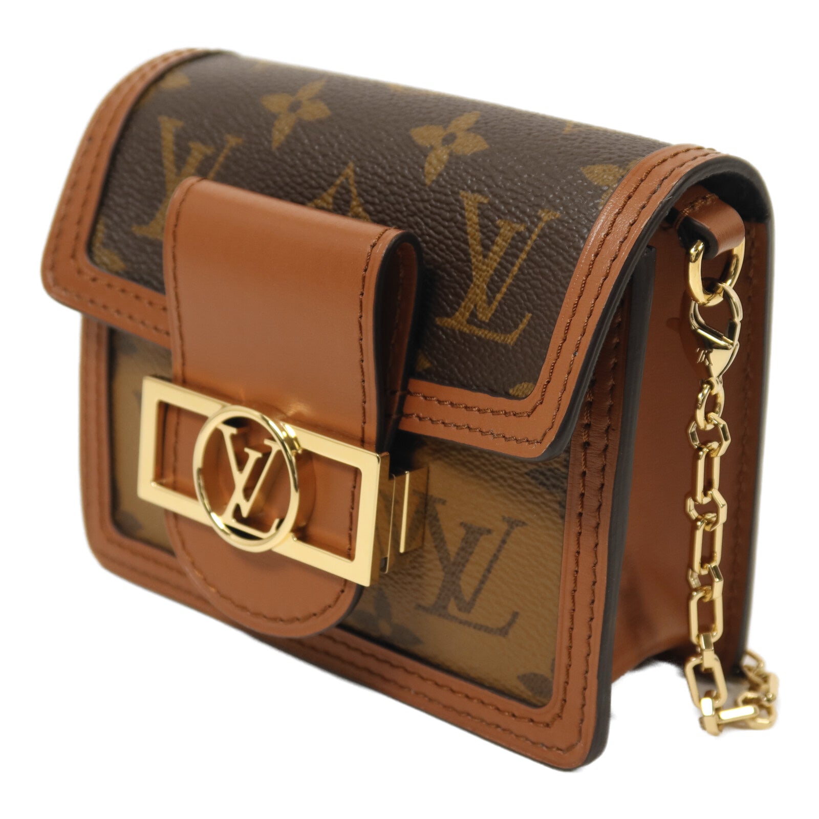 LOUIS VUITTON Monogram/Monogram Reverse Micro Dauphine金扣鏈帶肩背袋棕色