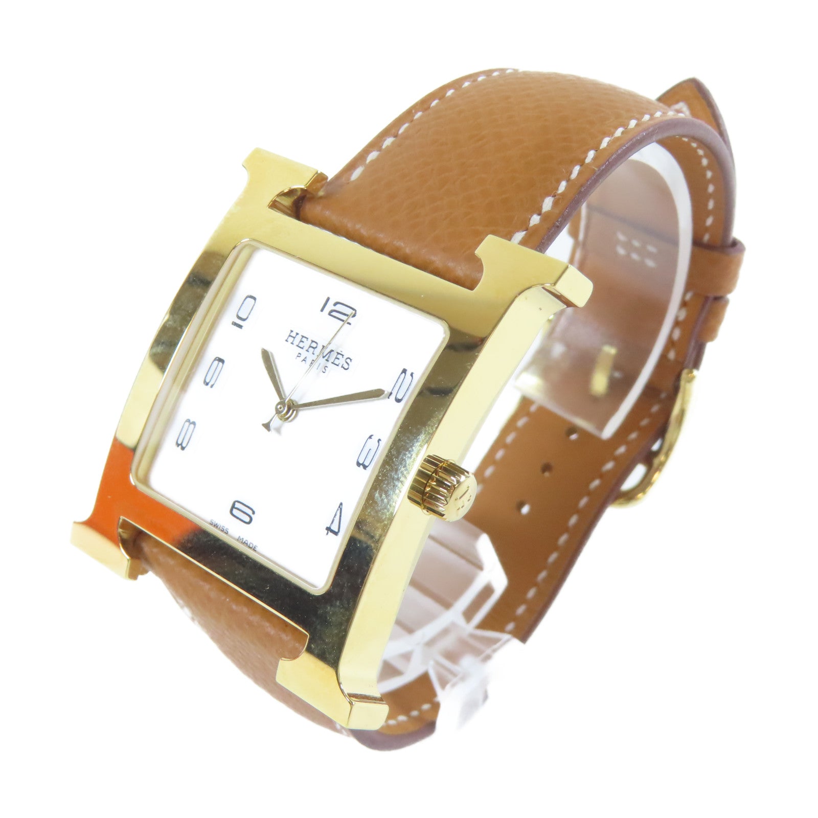 HERMES 皮革/不鏽鋼H watch手錶白色#18cm