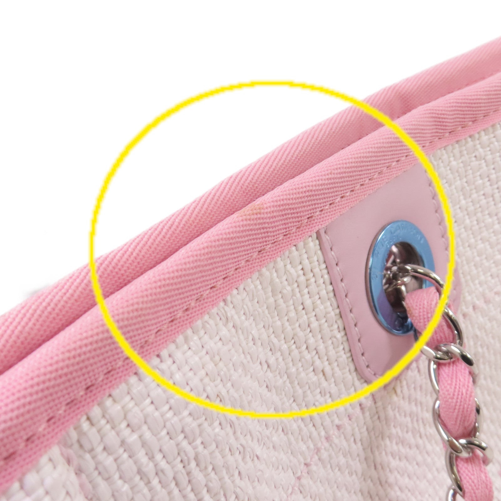 CHANEL 帆布Deauville Tote Bag銀扣鏈帶肩背袋白色/粉紅色