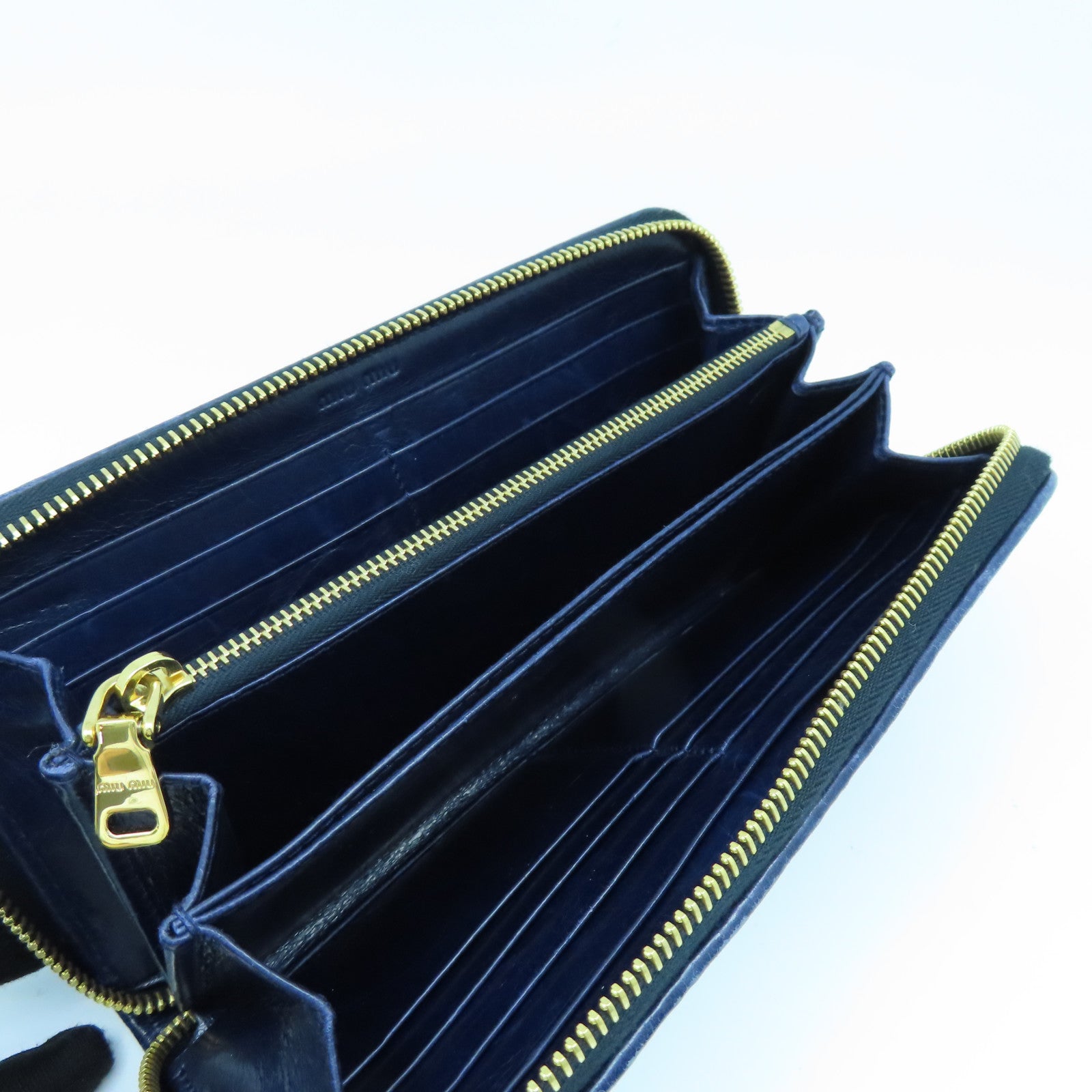 Miu Miu Sheepskin Leather Long Wallet Gold Buckle Long Wallet Dark Blue