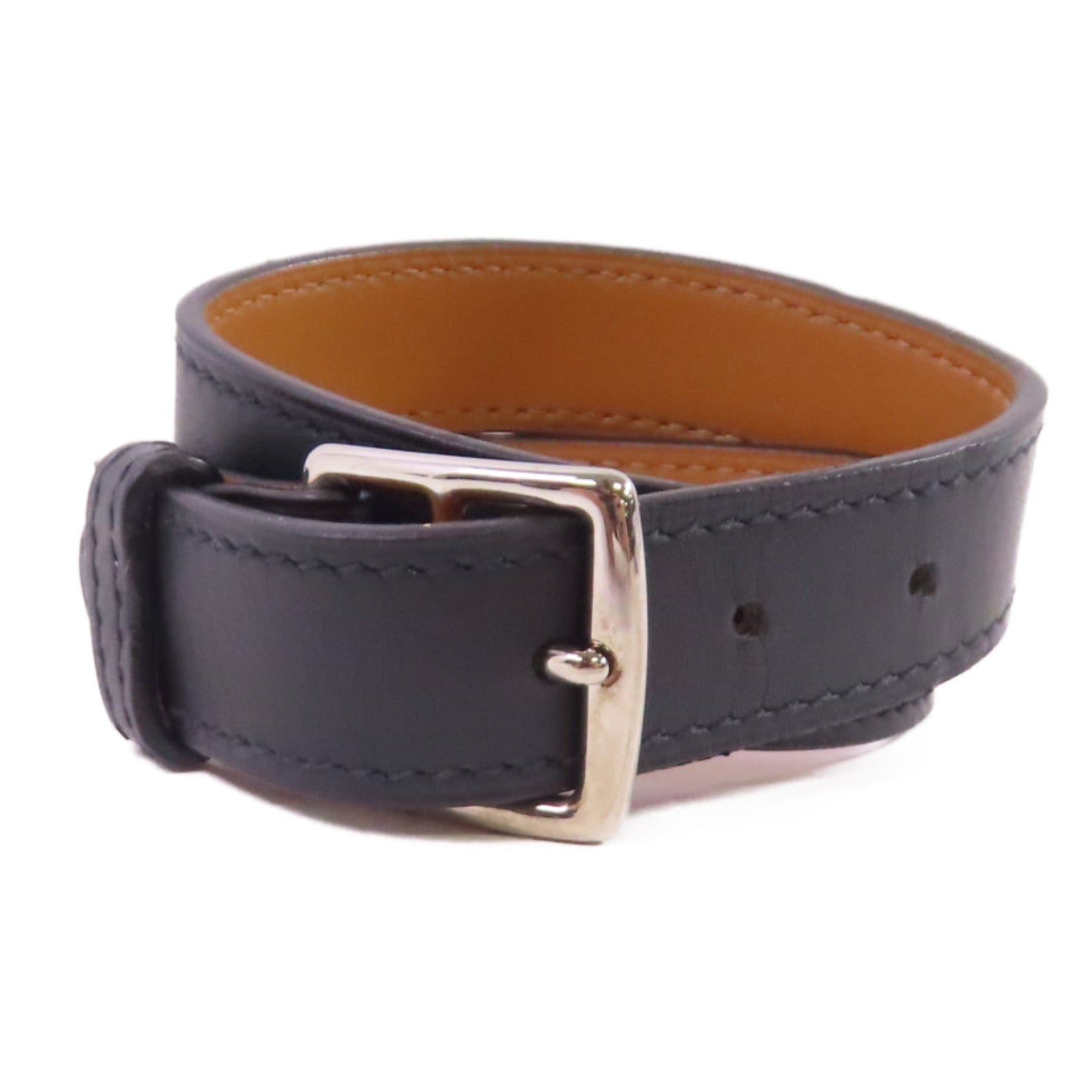 HERMES 【激減優惠】Evercolor皮革Etriviere Bracelet銀扣手鏈黑色
