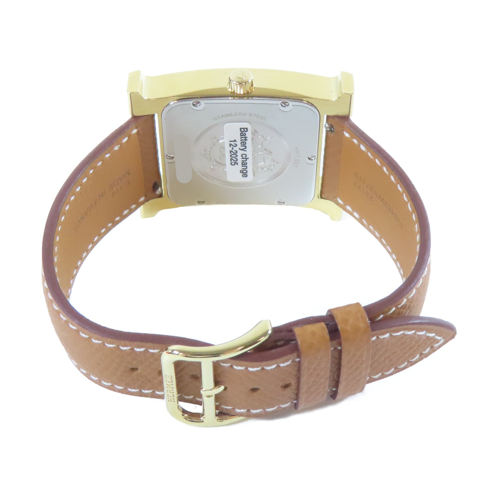 HERMES 皮革/不鏽鋼H watch手錶白色#18cm