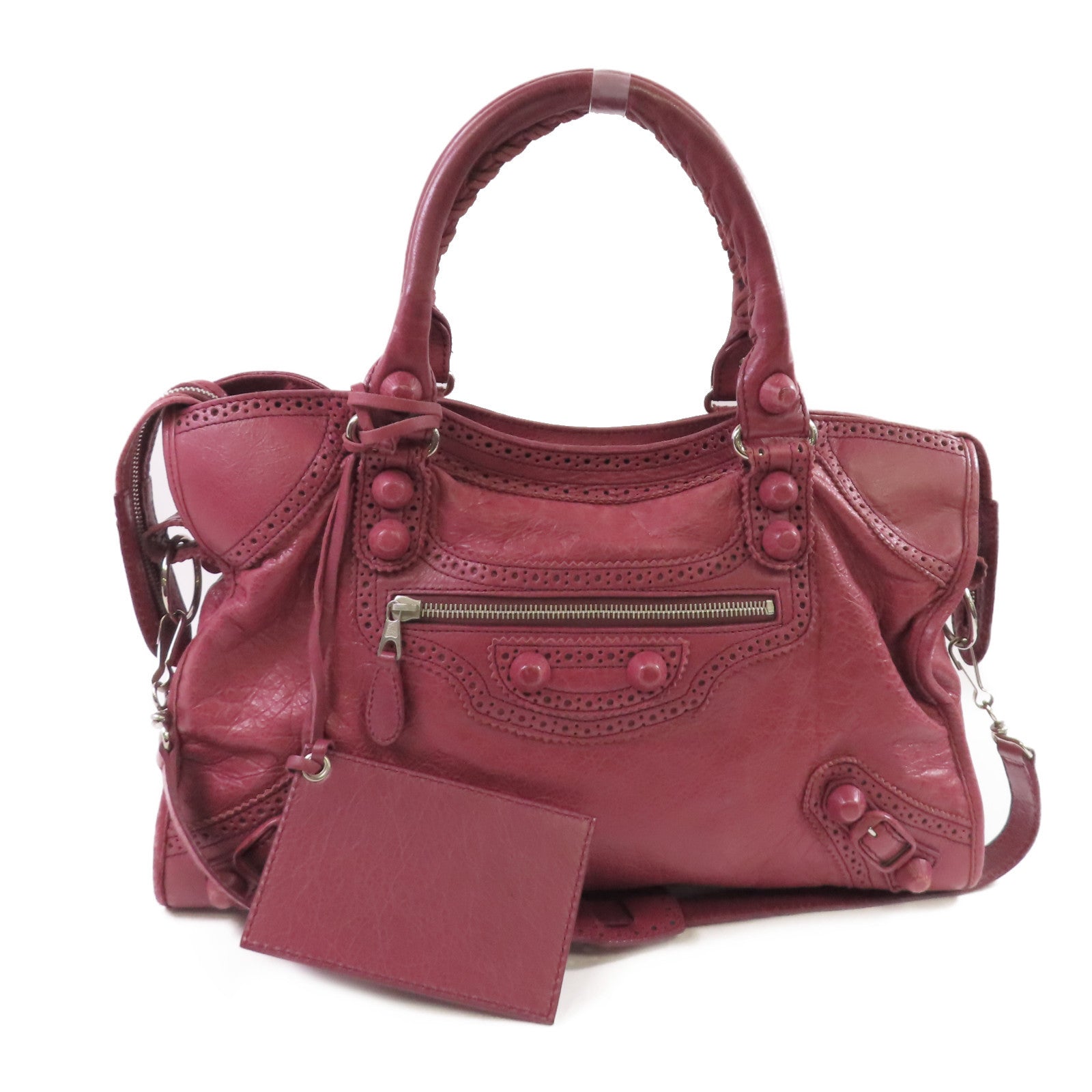 BALENCIAGA 羊皮皮革Giant Brogues 2Way Shoulder Bag銀扣手挽肩背兩用袋酒紅色