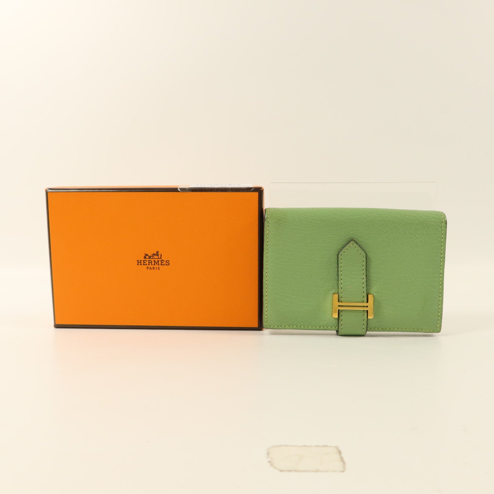 HERMES Chevre皮革Bearn Card Case金扣卡片套Vert Criquet