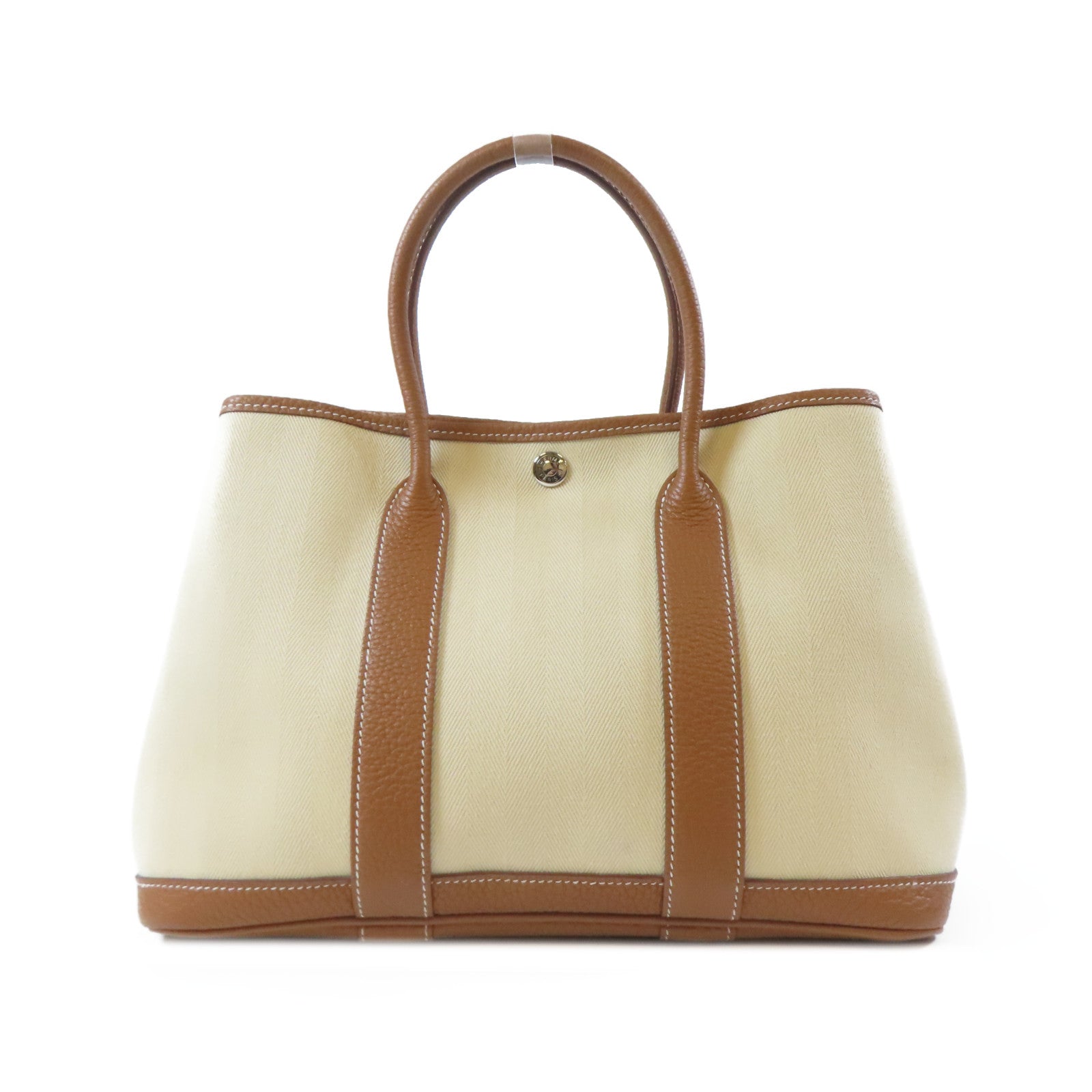 HERMES 帆布Garden Party TPM銀扣手挽袋米色/Gold/啡色
