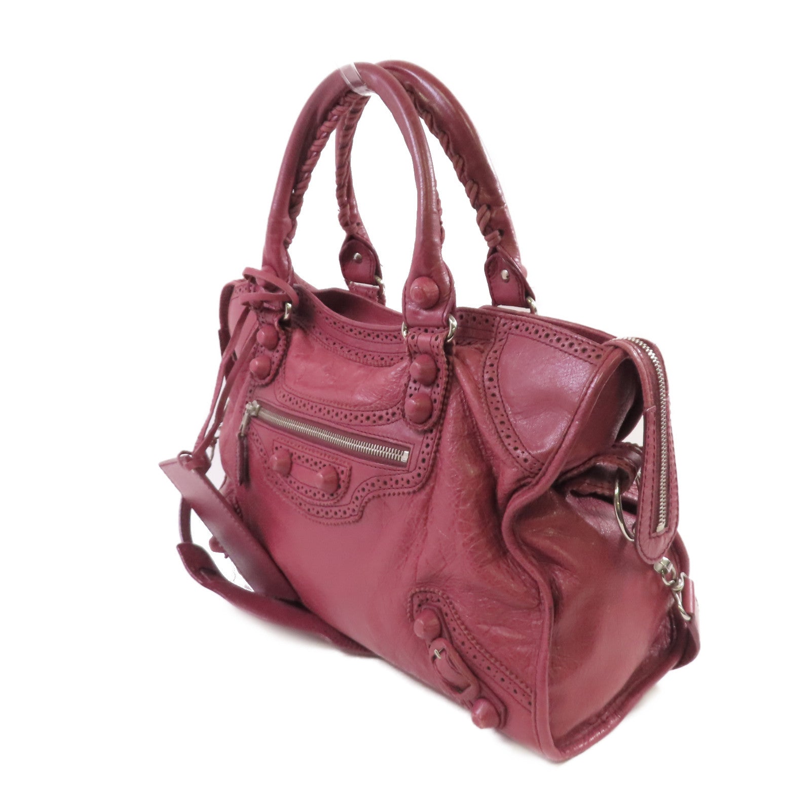 BALENCIAGA 羊皮皮革Giant Brogues 2Way Shoulder Bag銀扣手挽肩背兩用袋酒紅色