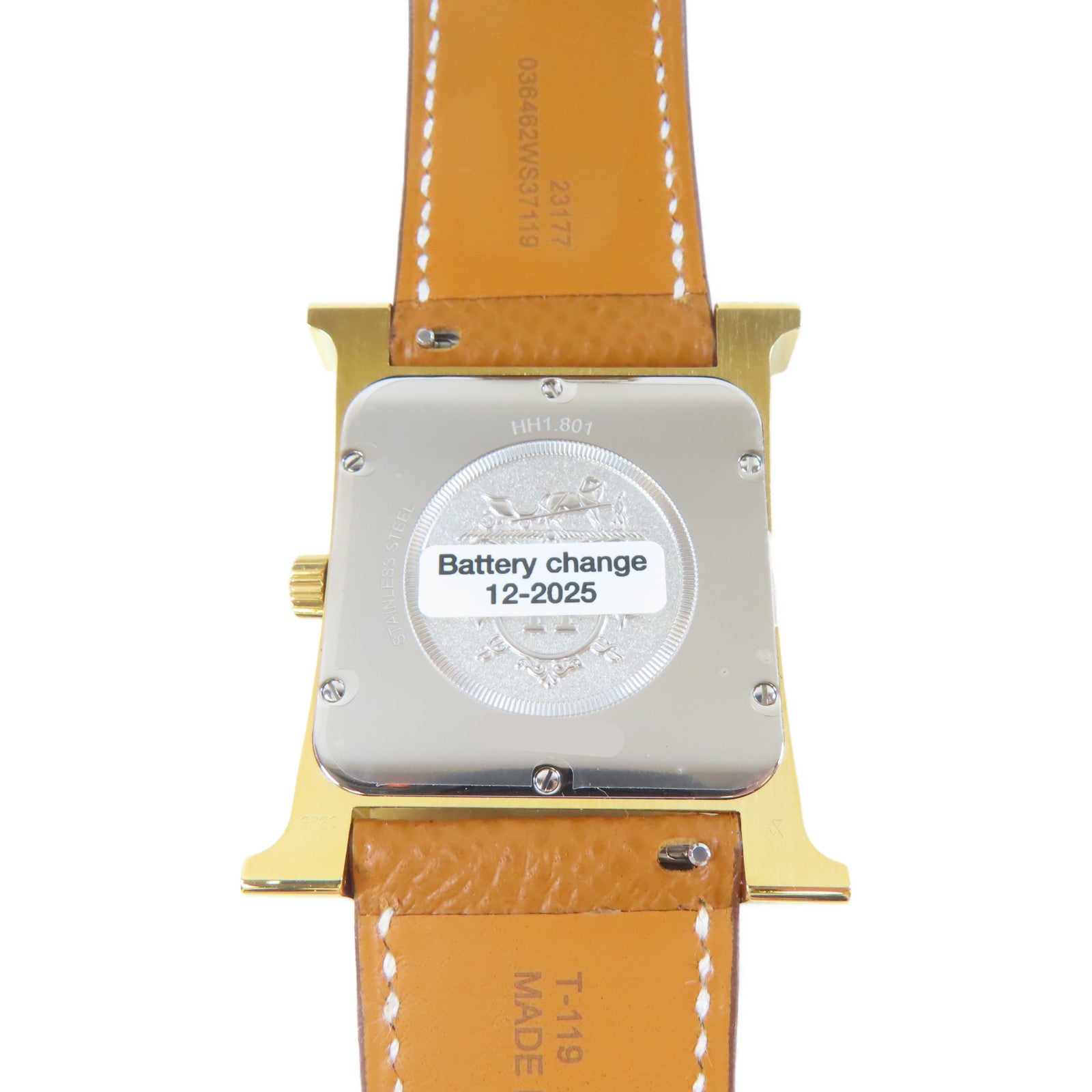 HERMES 皮革/不鏽鋼H watch手錶白色#18cm