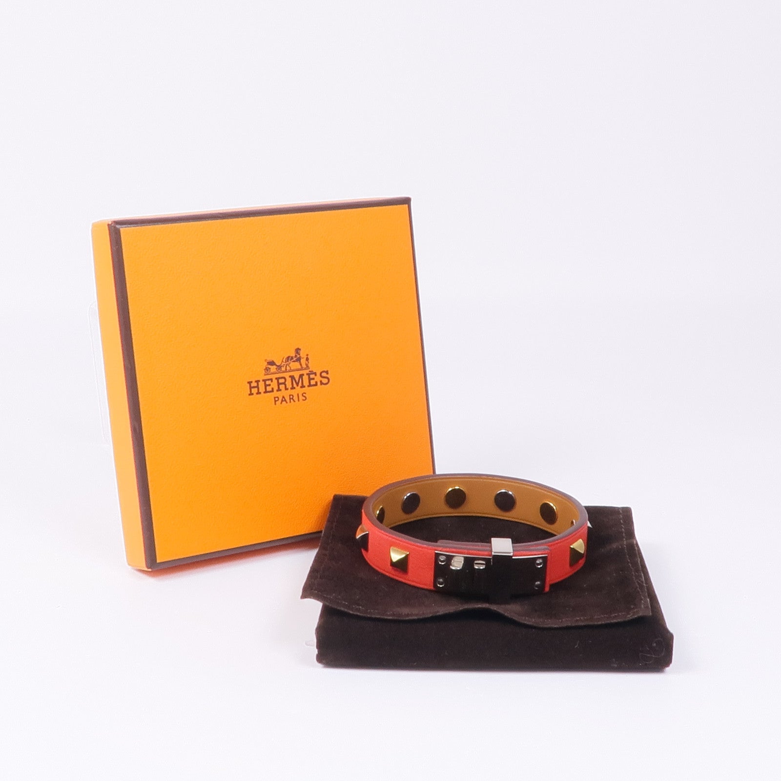 HERMES Epsom皮革Mini Dog Clous Ronds手鏈Red