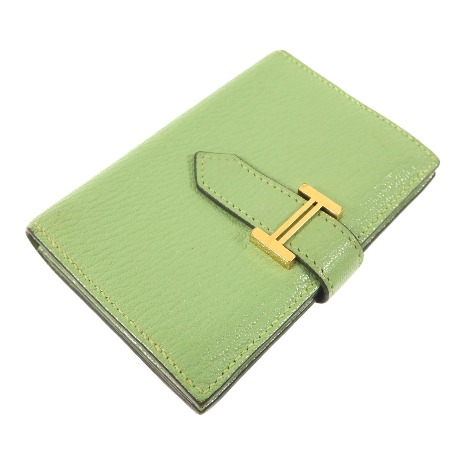 HERMES Chevre皮革Bearn Card Case金扣卡片套Vert Criquet