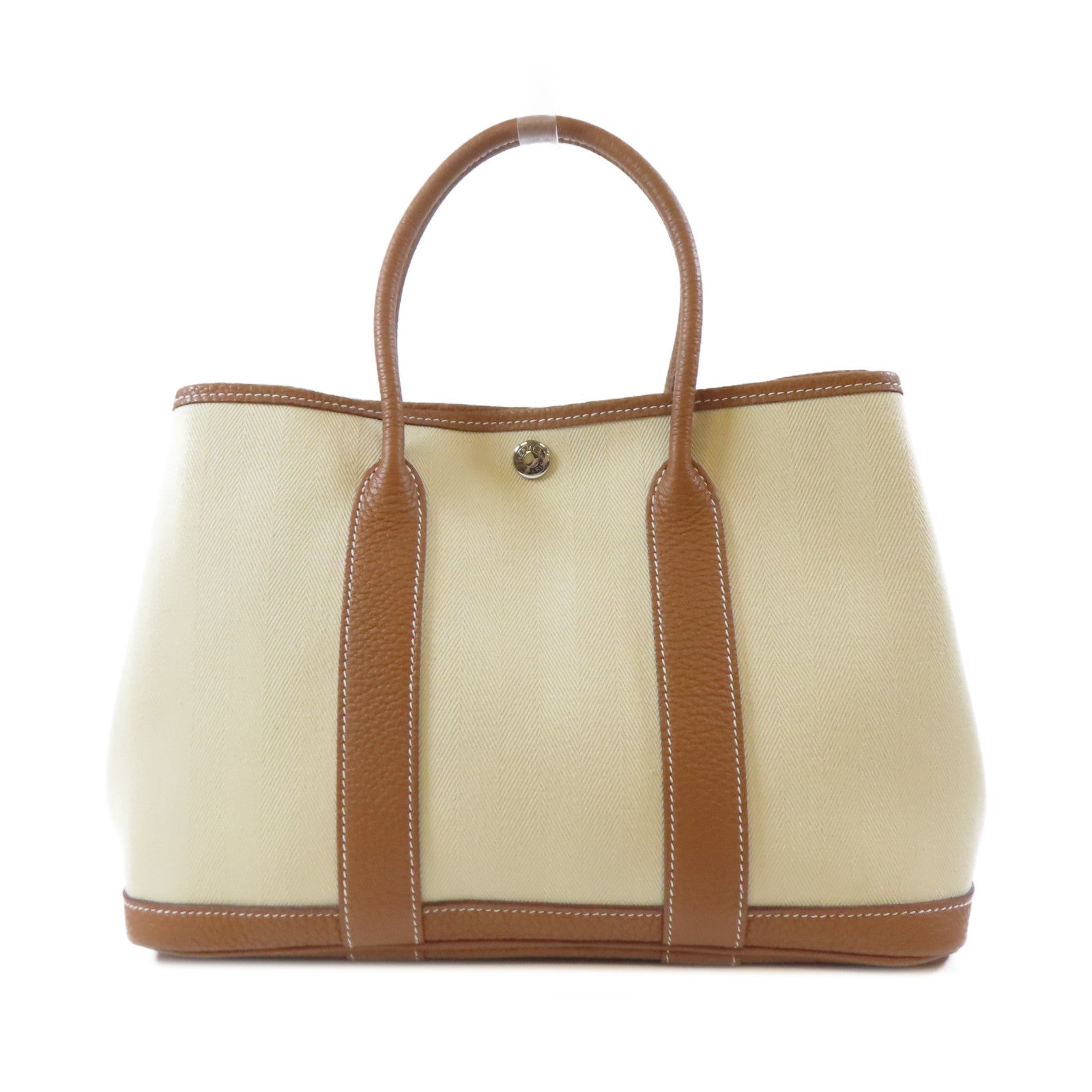 HERMES 帆布Garden Party TPM銀扣手挽袋米色/Gold/啡色