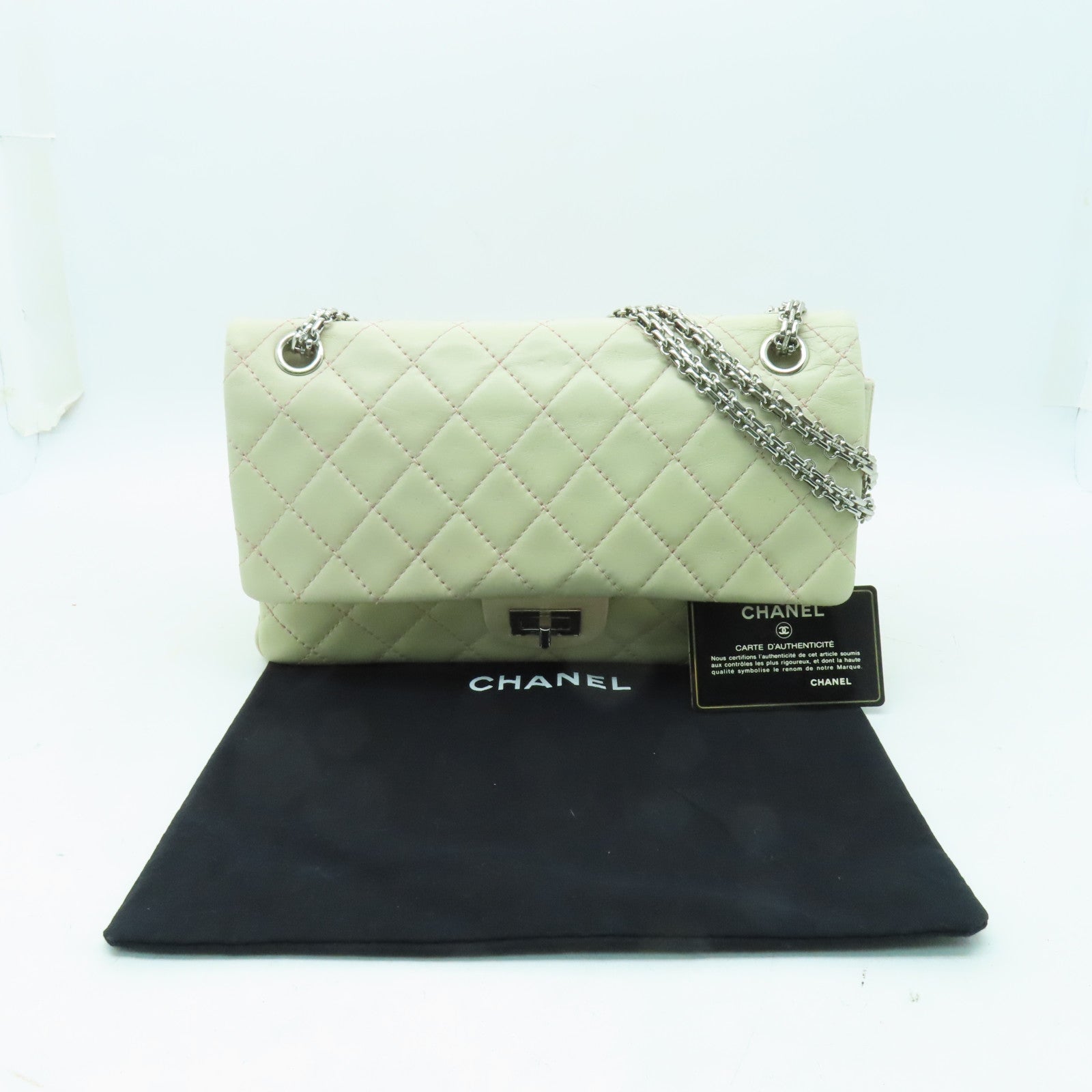 CHANEL **【清倉大減價】菱格羊皮皮革2.55 Chain Shoulder Bag銀扣鏈帶肩背袋粉紅色/白色