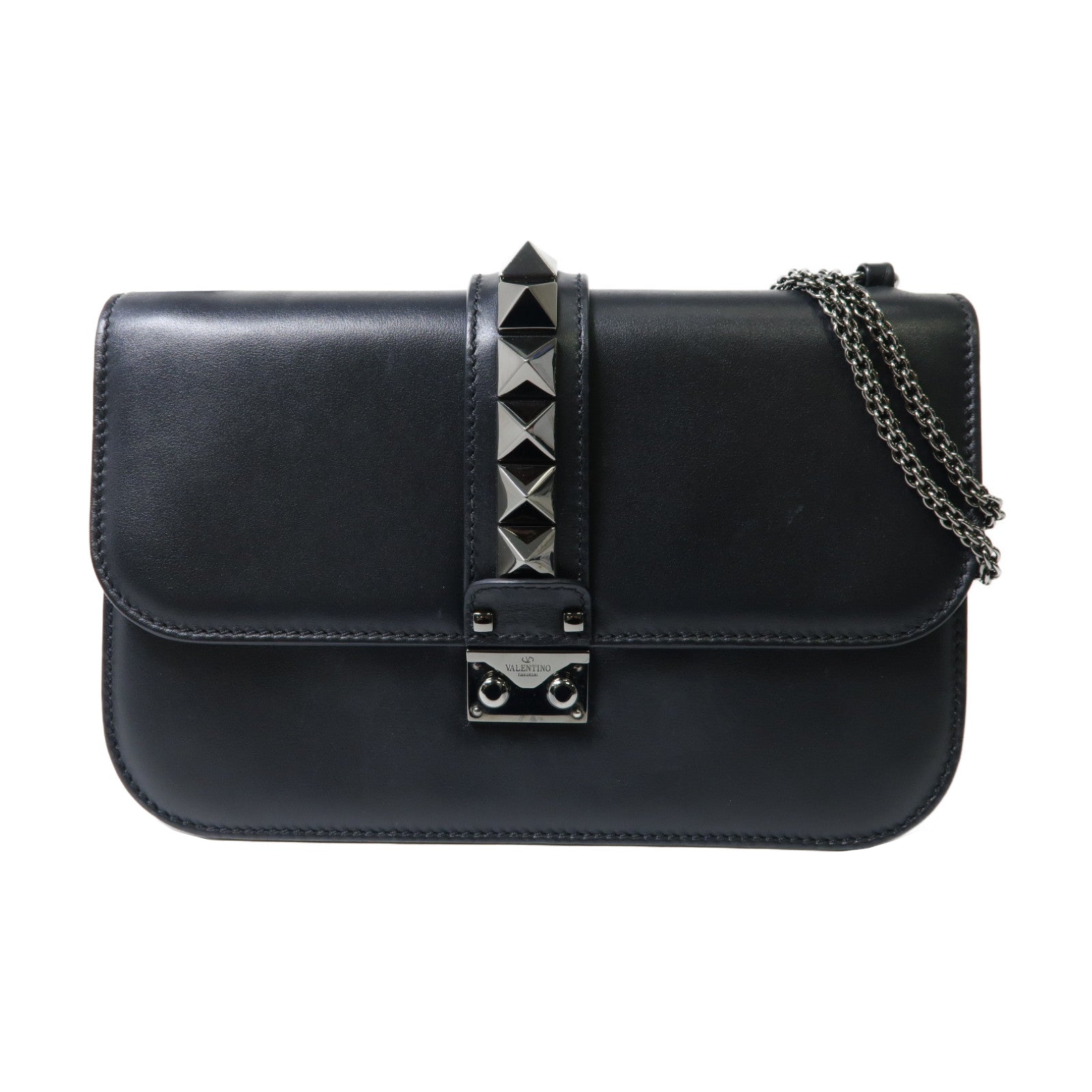 Valentino 牛皮皮革Chain Shoulder銀扣鏈帶肩背袋黑色