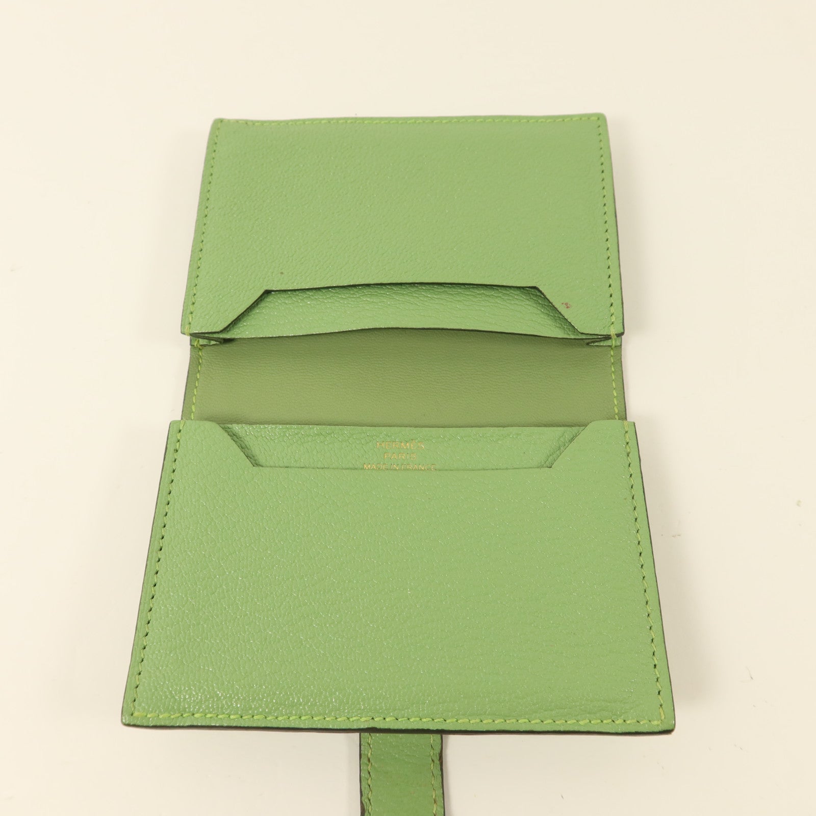 HERMES Chevre皮革Bearn Card Case金扣卡片套Vert Criquet