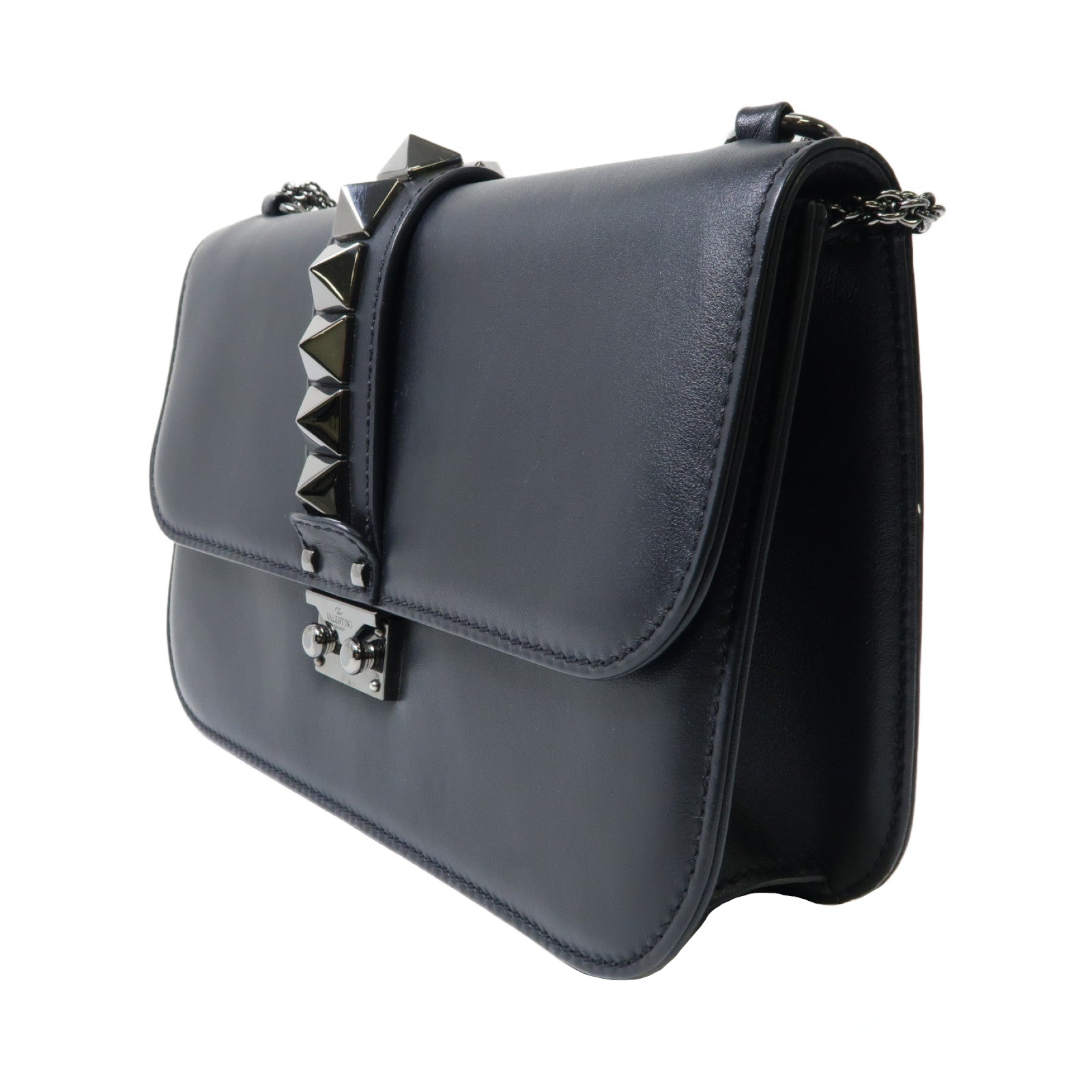 Valentino 牛皮皮革Chain Shoulder銀扣鏈帶肩背袋黑色