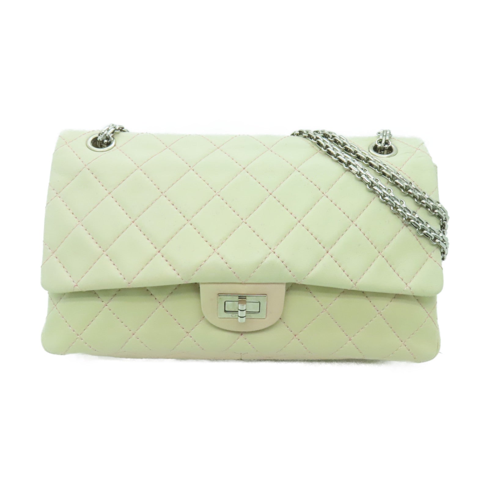 CHANEL **【清倉大減價】菱格羊皮皮革2.55 Chain Shoulder Bag銀扣鏈帶肩背袋粉紅色/白色