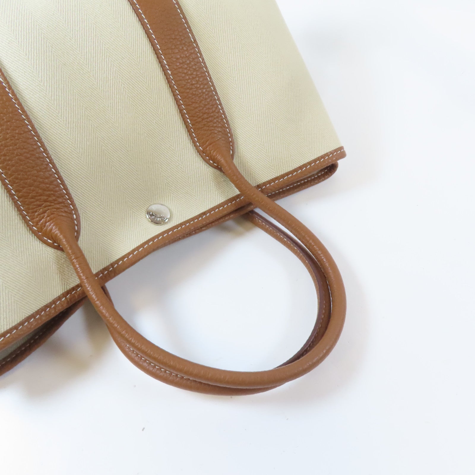 HERMES 帆布Garden Party TPM銀扣手挽袋米色/Gold/啡色