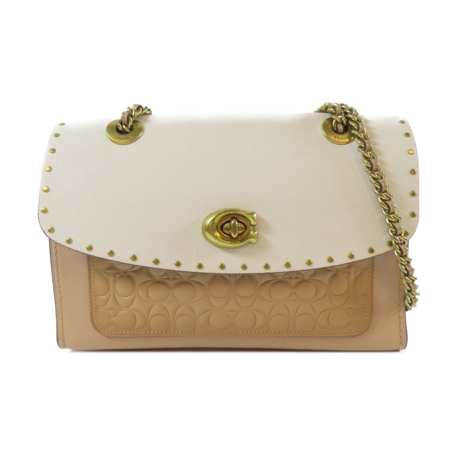 COACH 牛皮皮革Shoulder Bag金扣鏈帶肩背袋啡色/米色
