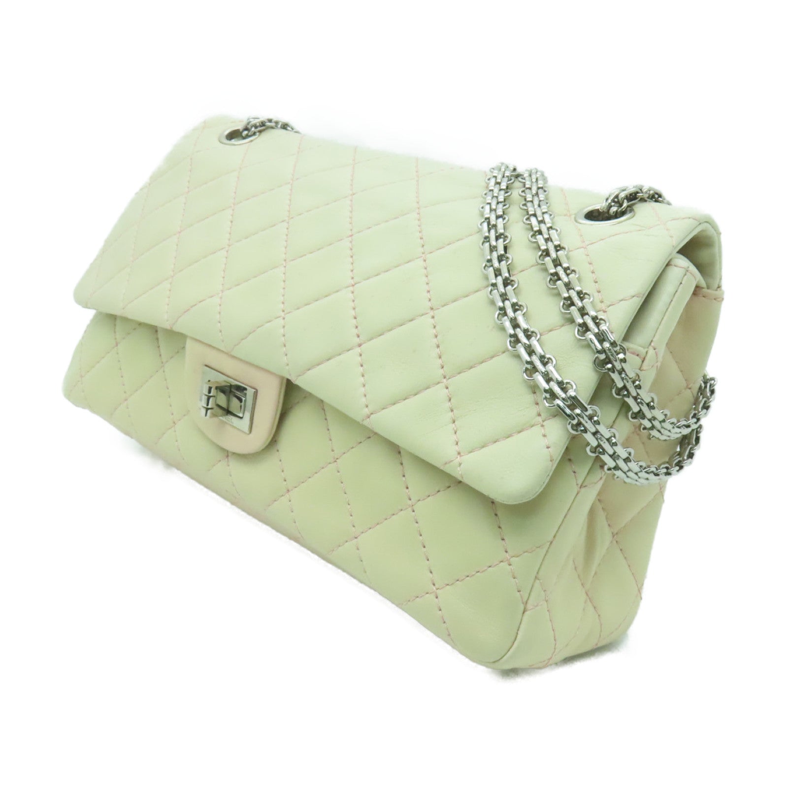 CHANEL **【清倉大減價】菱格羊皮皮革2.55 Chain Shoulder Bag銀扣鏈帶肩背袋粉紅色/白色