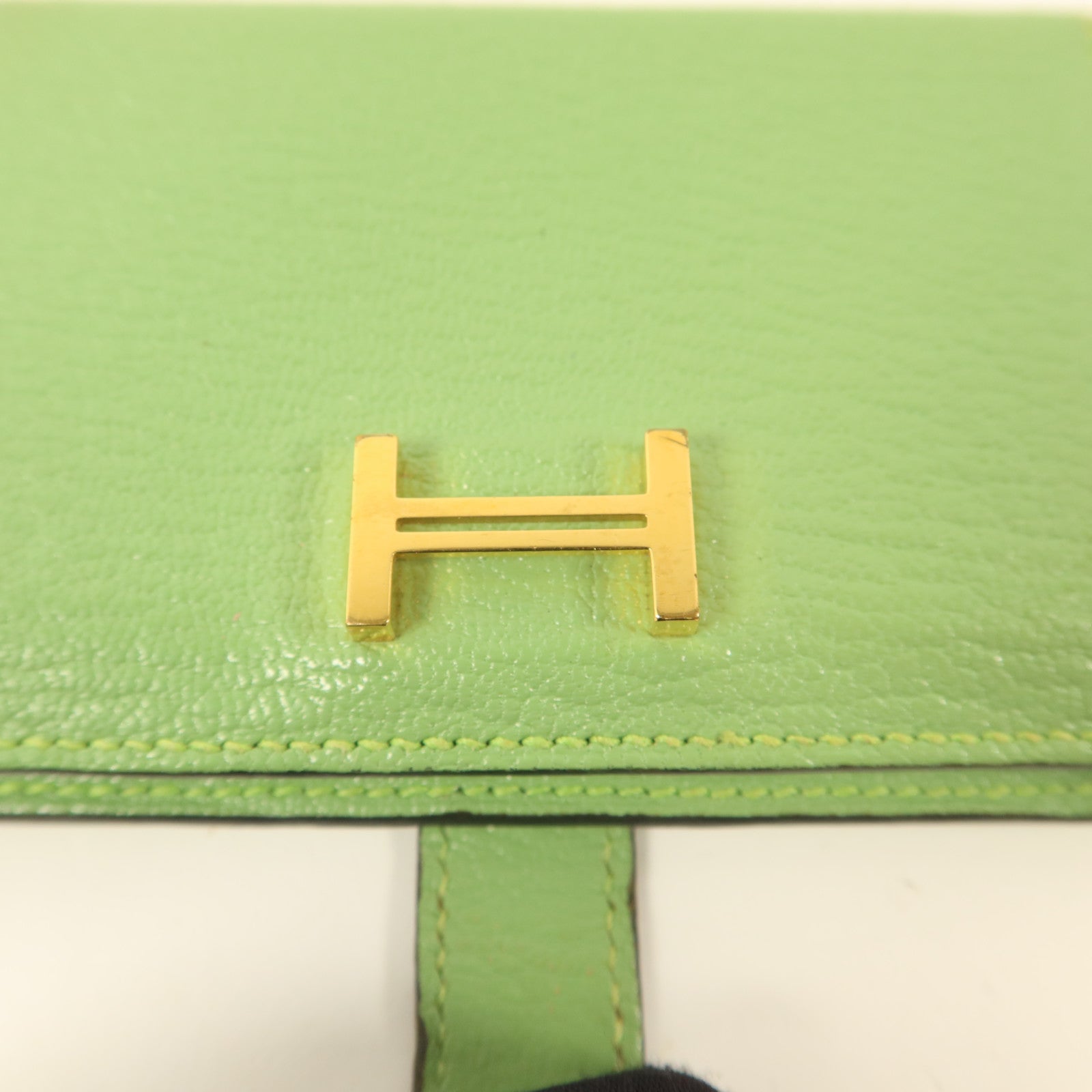 HERMES Chevre皮革Bearn Card Case金扣卡片套Vert Criquet