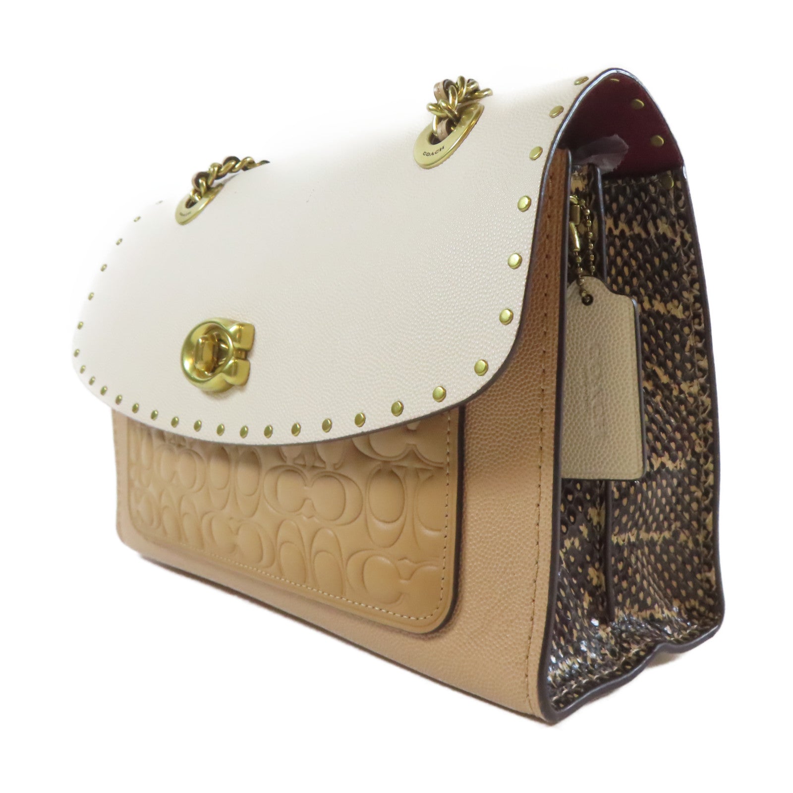 COACH 牛皮皮革Shoulder Bag金扣鏈帶肩背袋啡色/米色