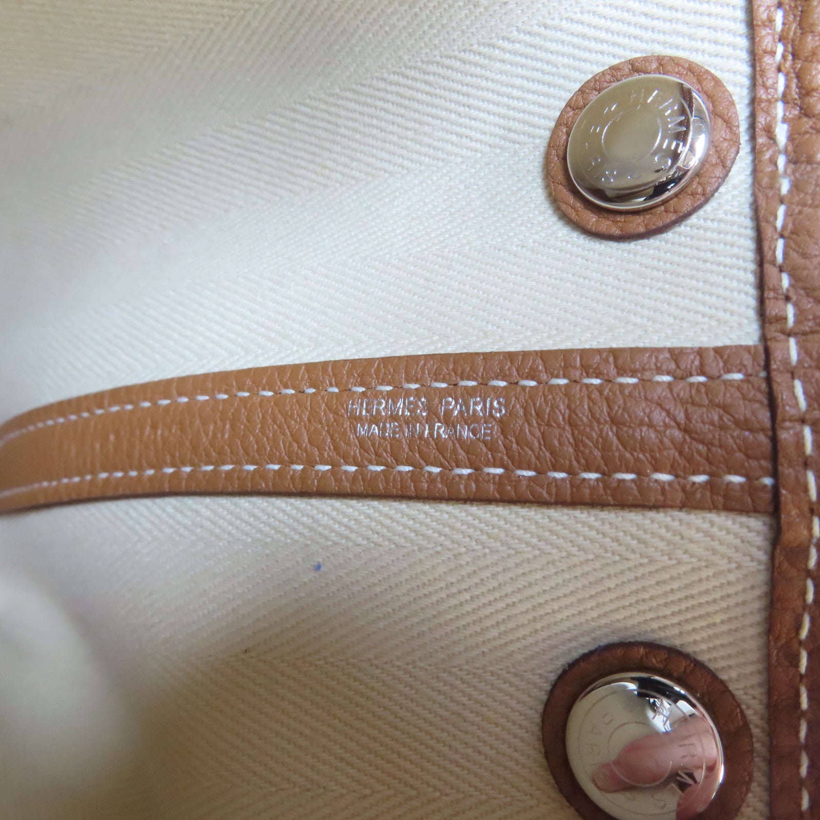 HERMES 帆布Garden Party TPM銀扣手挽袋米色/Gold/啡色