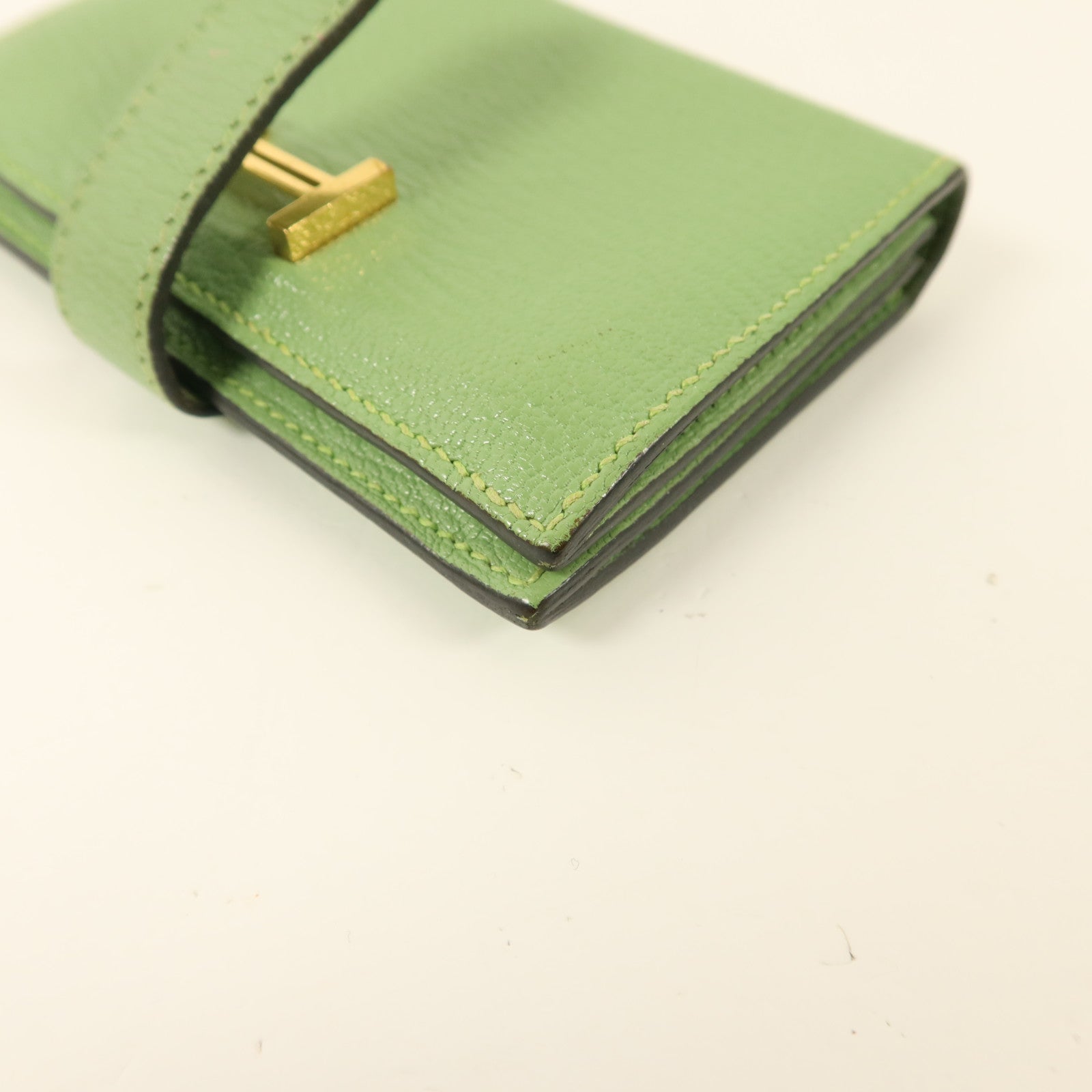 HERMES Chevre皮革Bearn Card Case金扣卡片套Vert Criquet