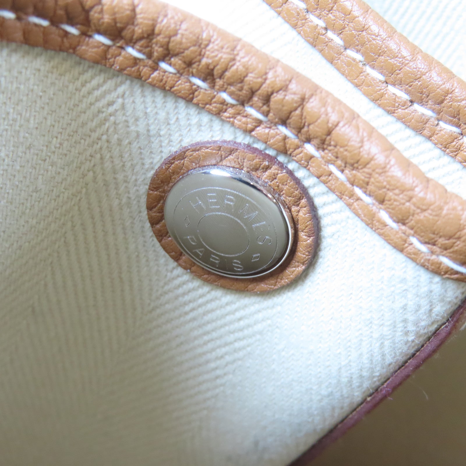 HERMES 帆布Garden Party TPM銀扣手挽袋米色/Gold/啡色