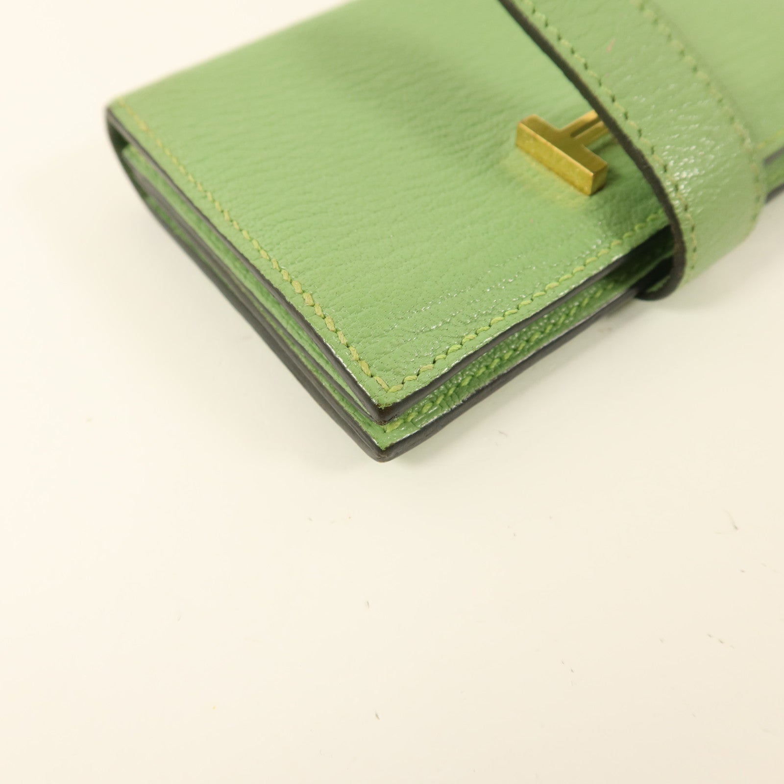 HERMES Chevre皮革Bearn Card Case金扣卡片套Vert Criquet