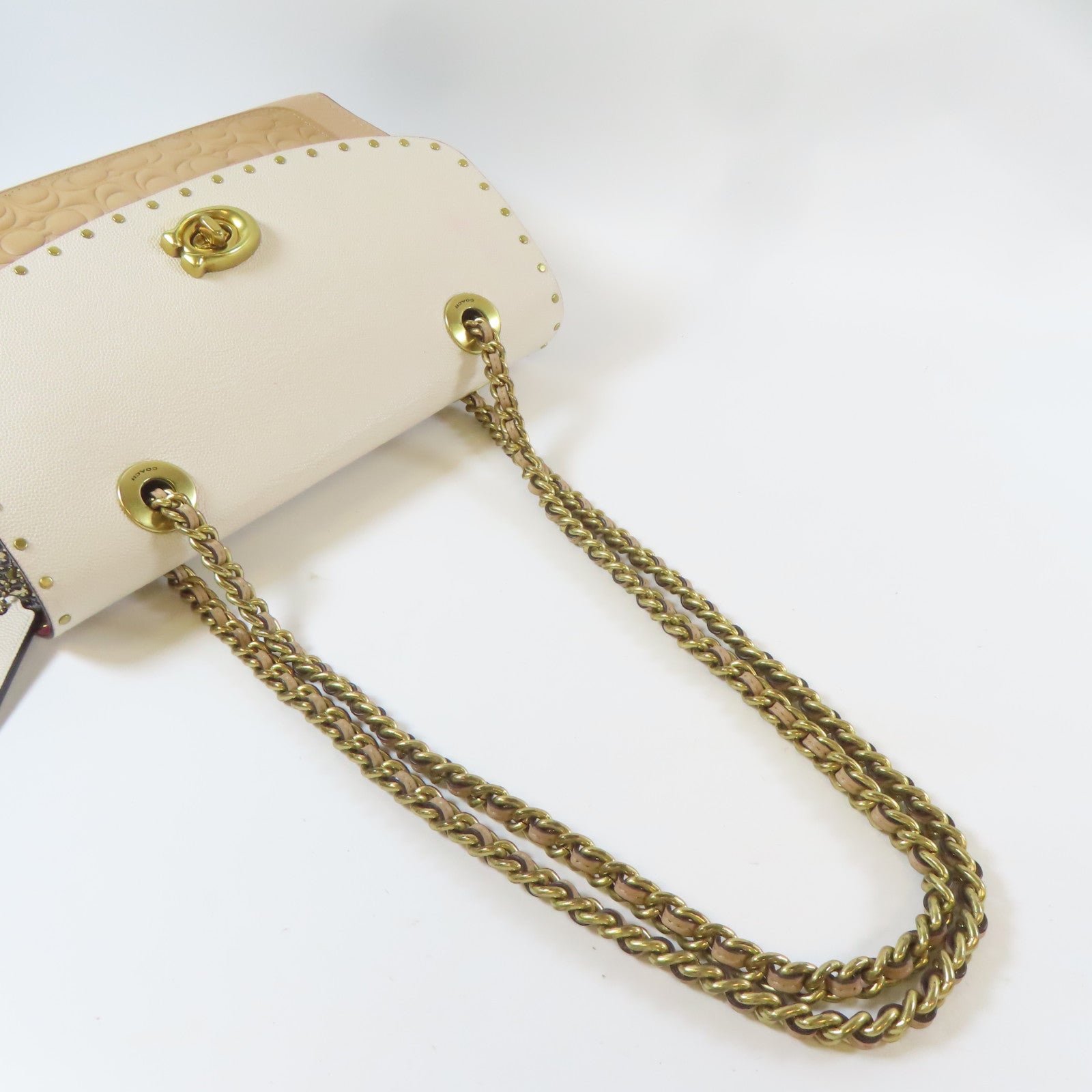 COACH 牛皮皮革Shoulder Bag金扣鏈帶肩背袋啡色/米色