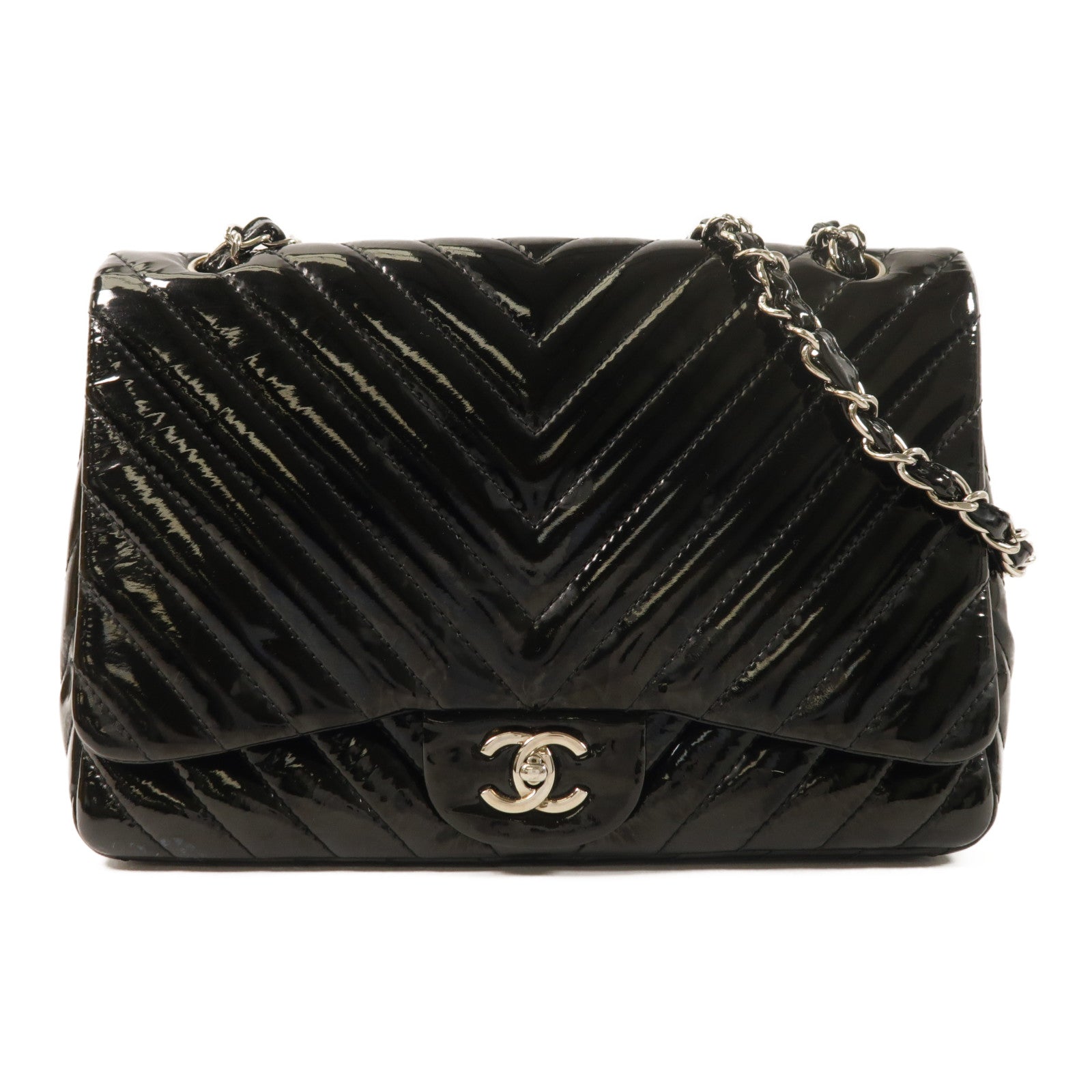 CHANEL 漆皮皮革Large Classic銀扣鏈帶肩背袋
