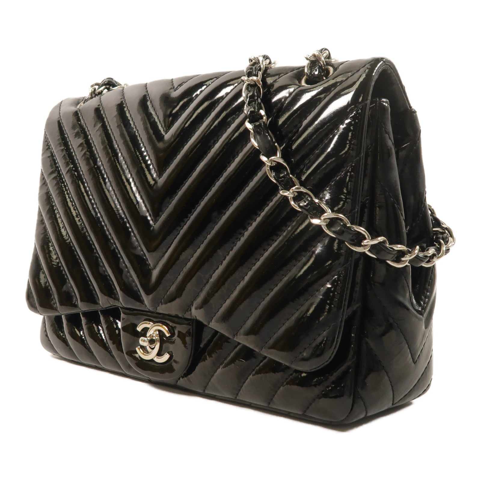 CHANEL 漆皮皮革Large Classic銀扣鏈帶肩背袋