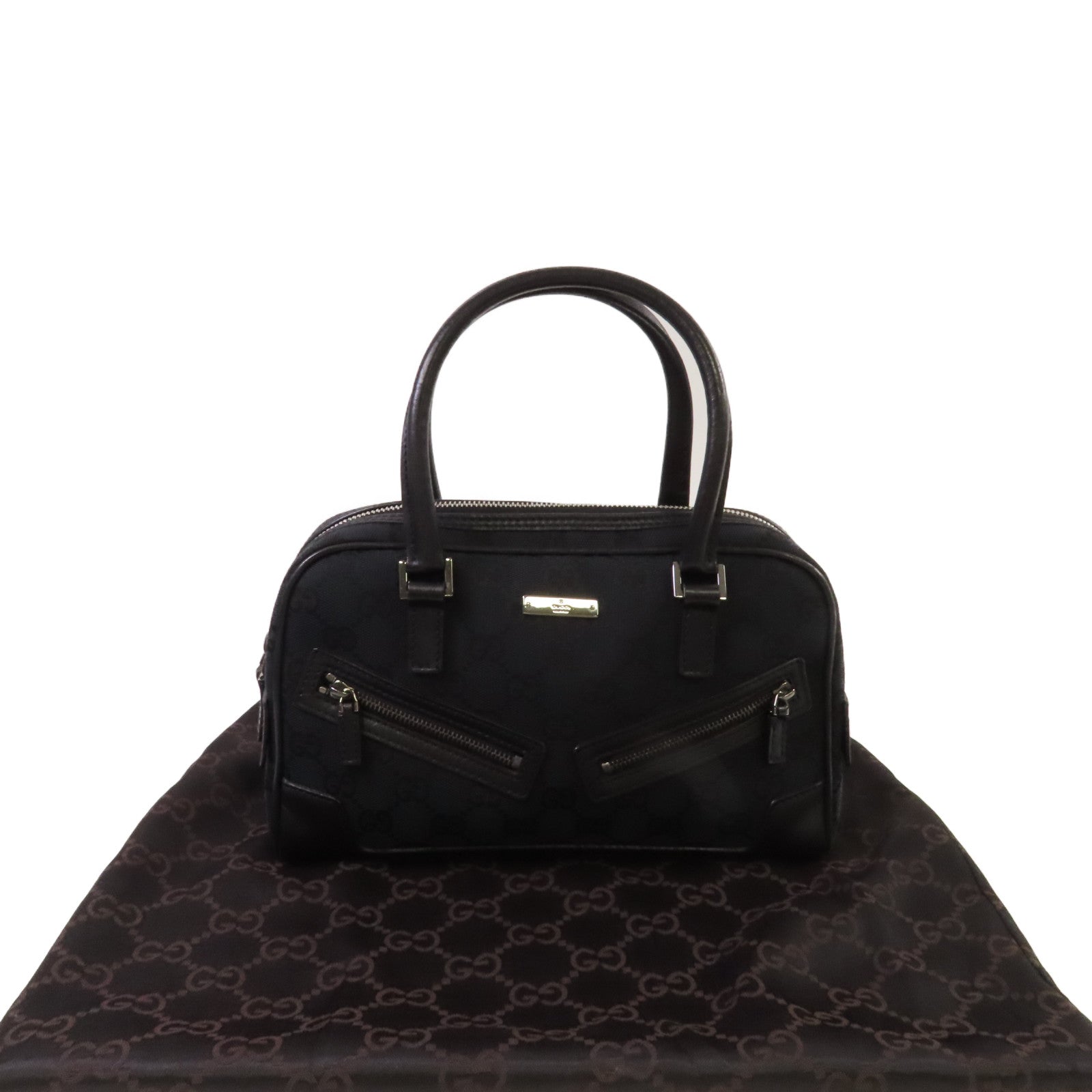 GUCCI GG帆布Bowler Handbag銀扣手挽袋黑色