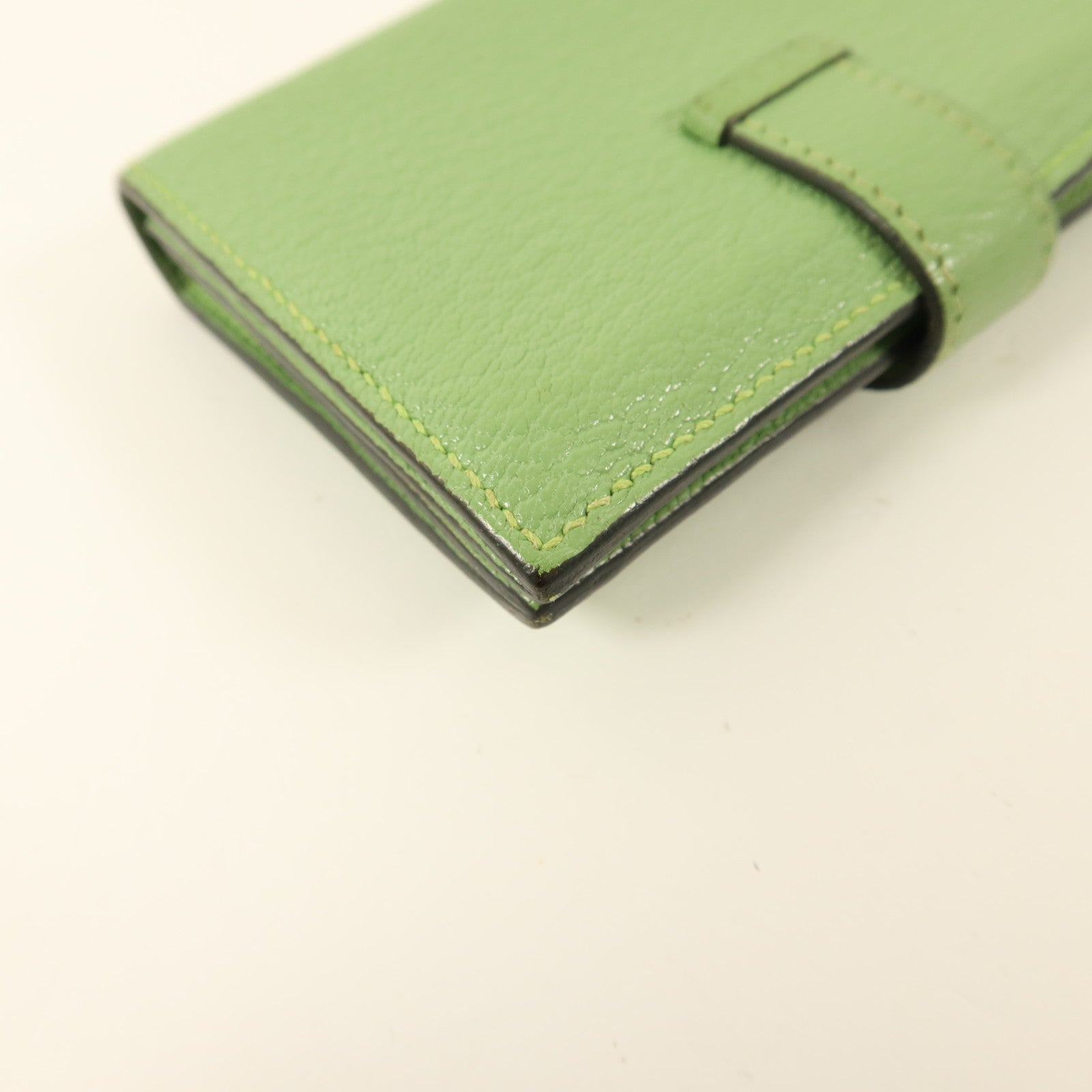 HERMES Chevre皮革Bearn Card Case金扣卡片套Vert Criquet