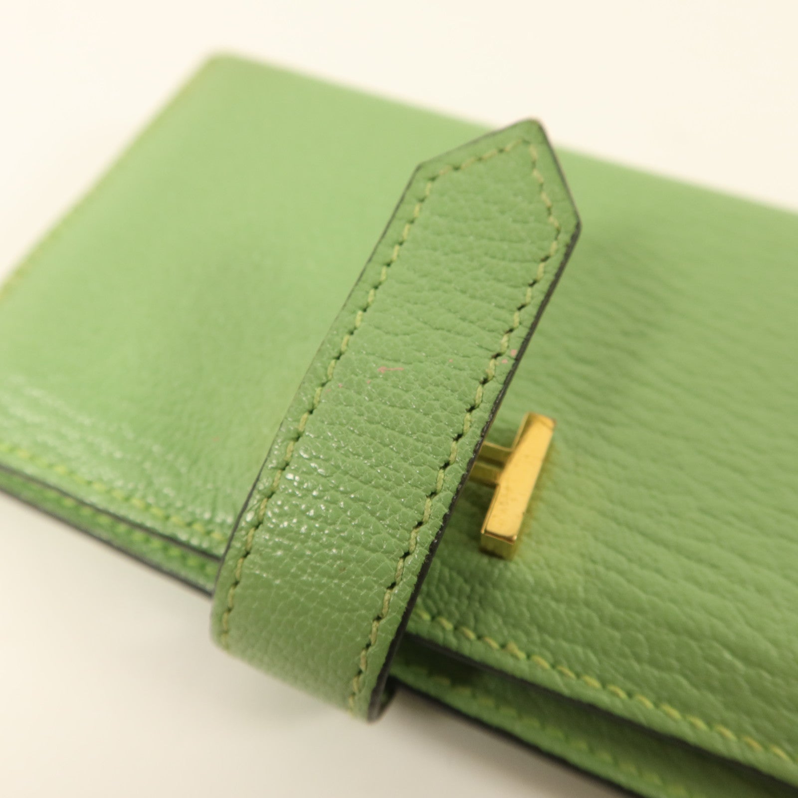 HERMES Chevre皮革Bearn Card Case金扣卡片套Vert Criquet