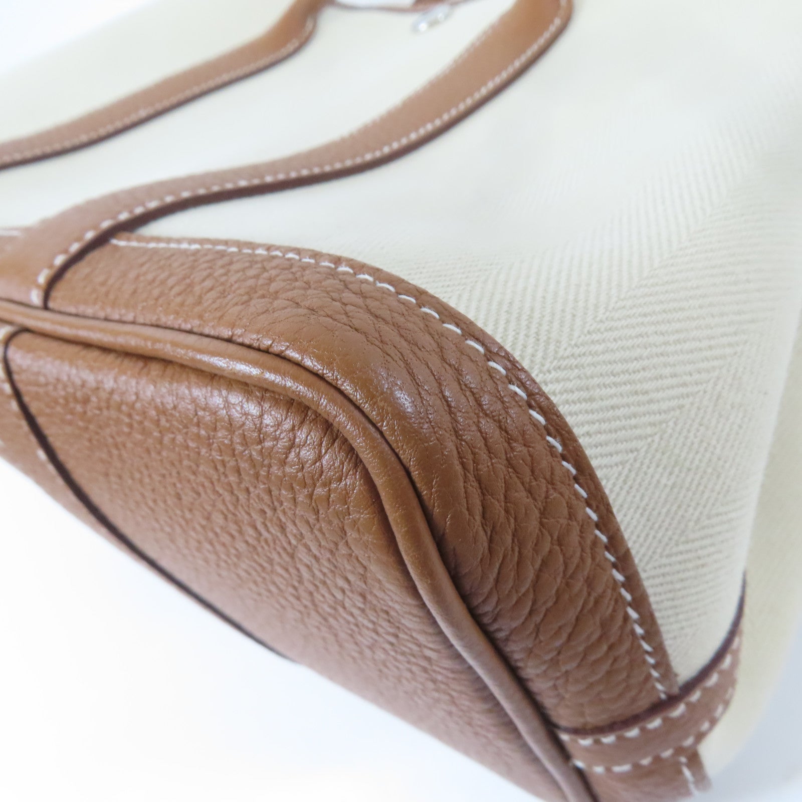 HERMES 帆布Garden Party TPM銀扣手挽袋米色/Gold/啡色