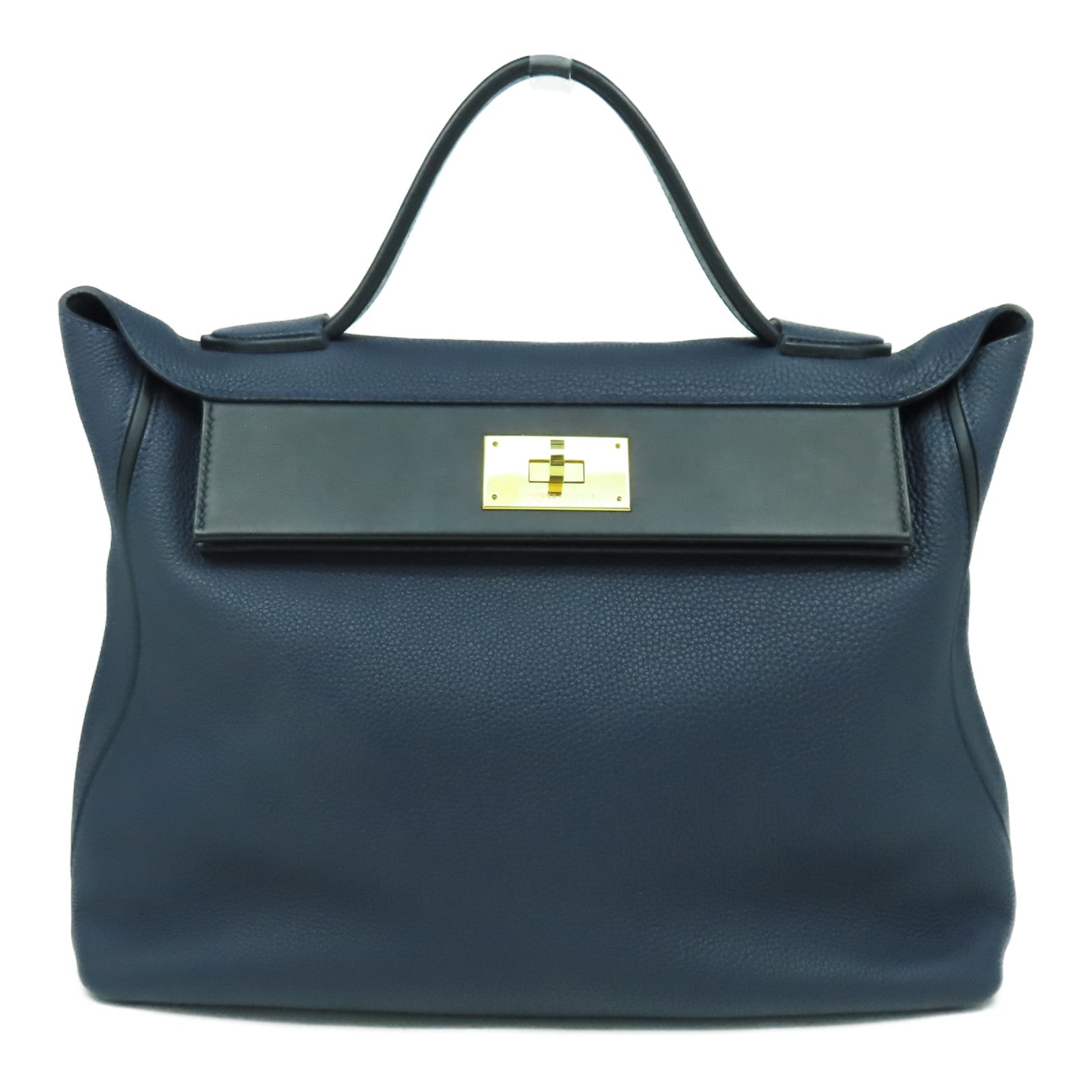 HERMES 【激減優惠】Clemence皮革24/24 35cm金扣手挽袋午夜藍色/黑色