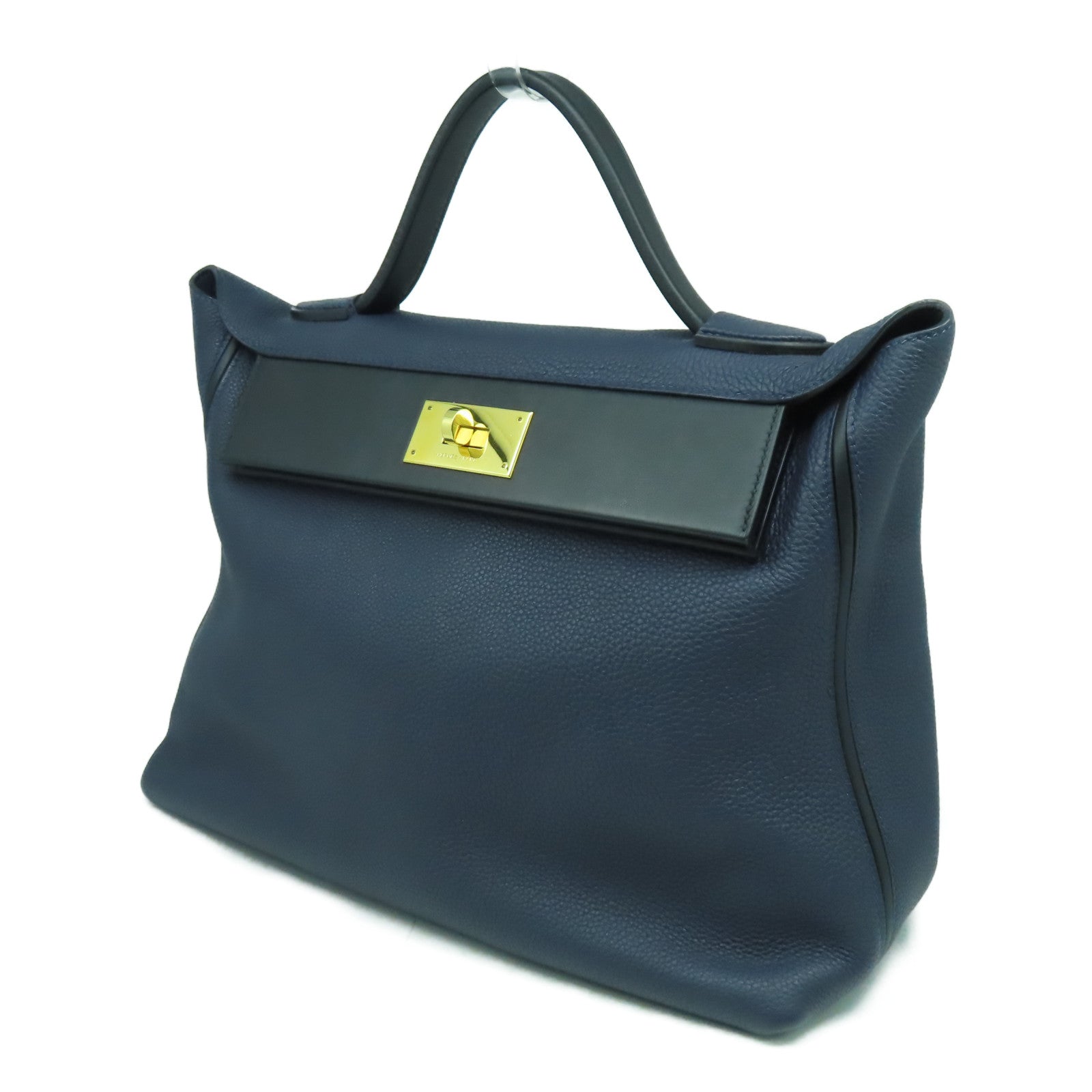 HERMES 【激減優惠】Clemence皮革24/24 35cm金扣手挽袋午夜藍色/黑色