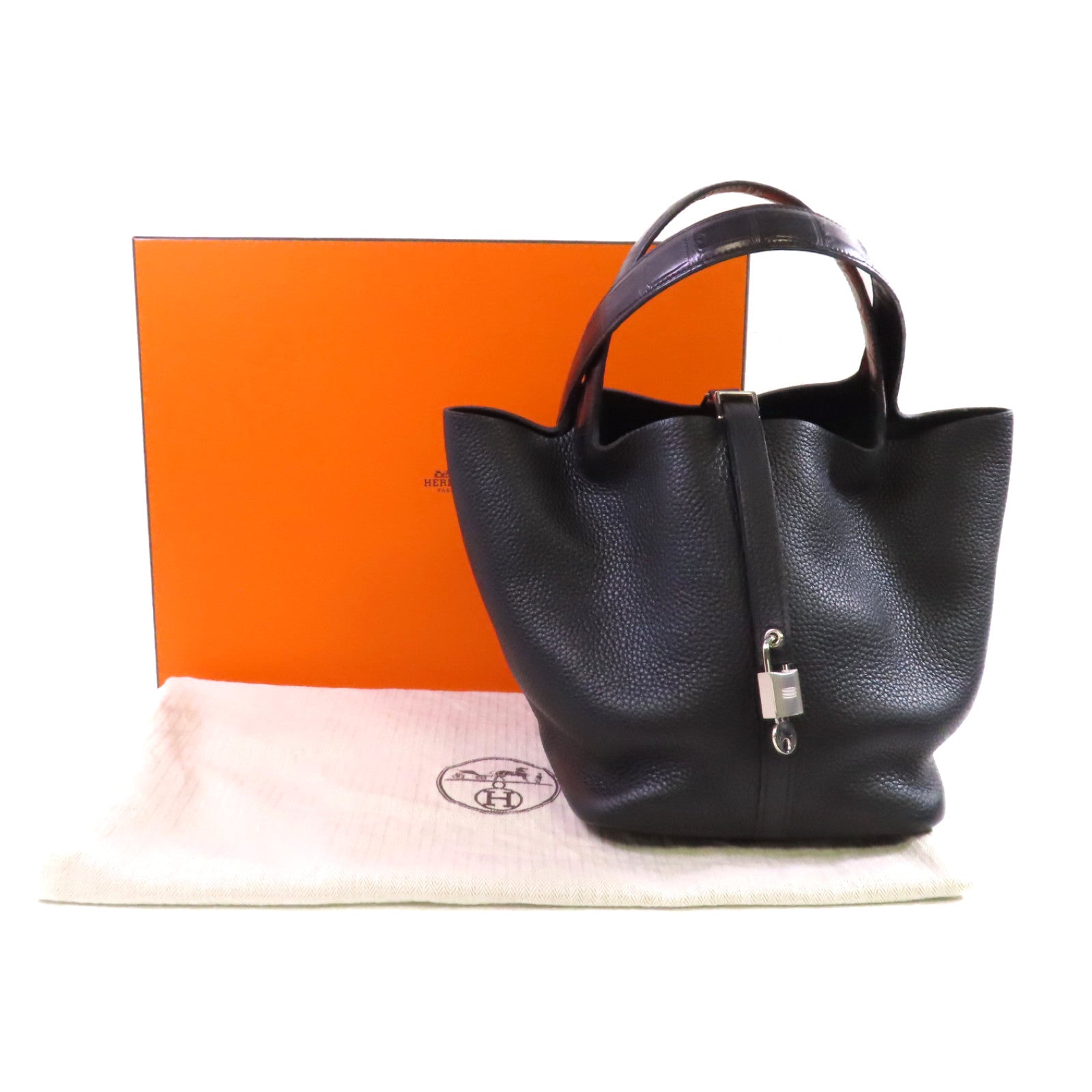 HERMES Clemence皮革/鱷魚皮革Picotin MM Tote Bag銀扣手挽袋黑色