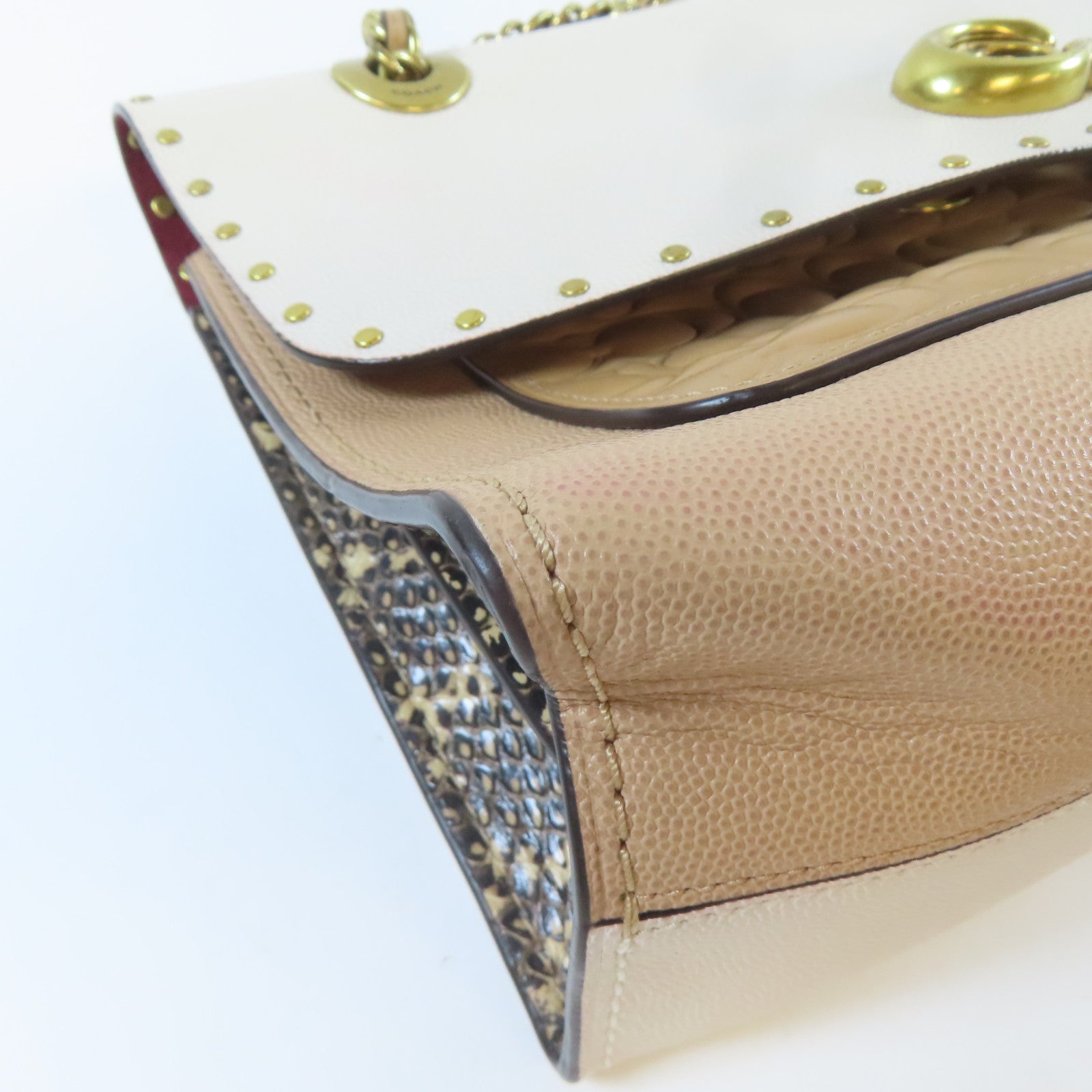COACH 牛皮皮革Shoulder Bag金扣鏈帶肩背袋啡色/米色
