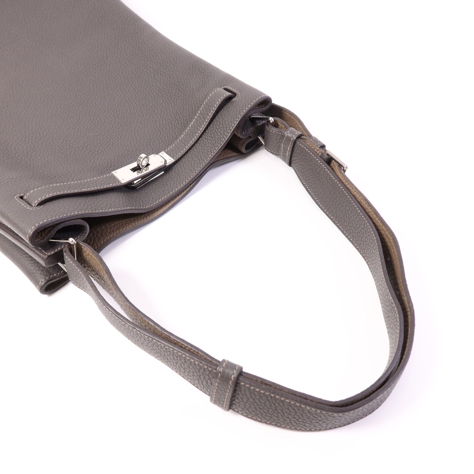 HERMES Clemence皮革So Kelly 26銀扣肩背袋Etain/Etoupe