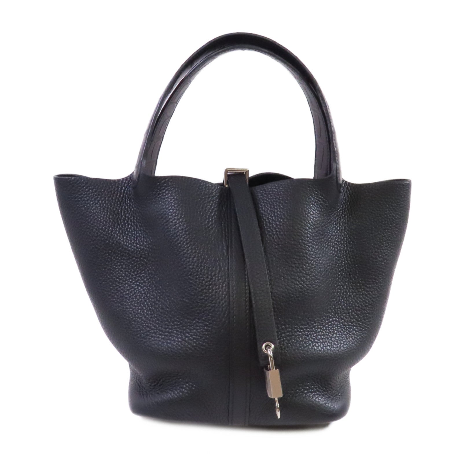 HERMES Clemence皮革/鱷魚皮革Picotin MM Tote Bag銀扣手挽袋黑色