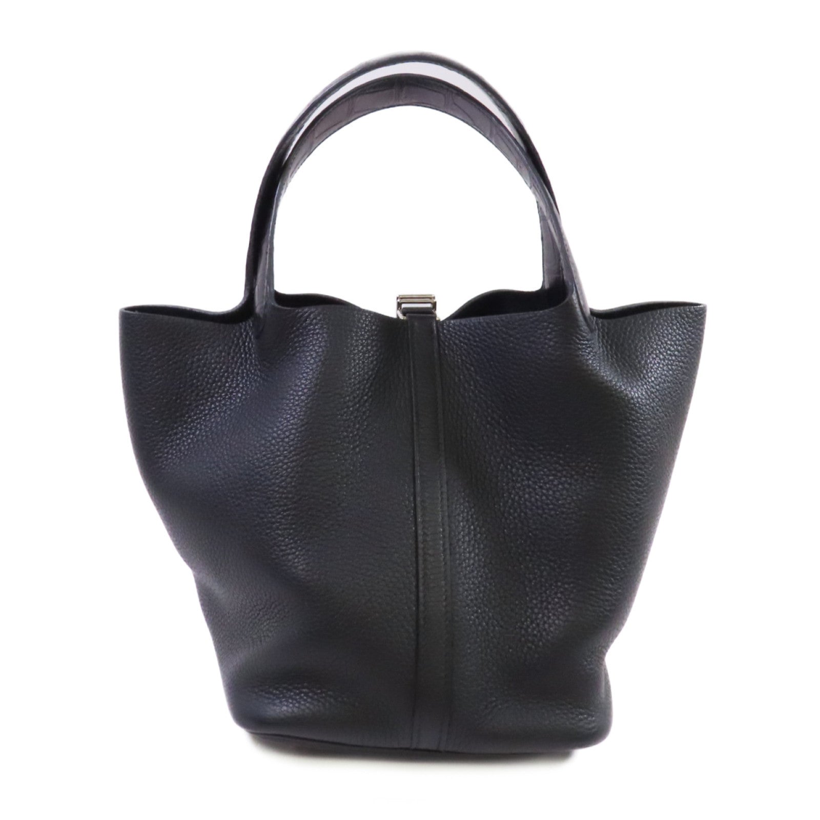 HERMES Clemence皮革/鱷魚皮革Picotin MM Tote Bag銀扣手挽袋黑色