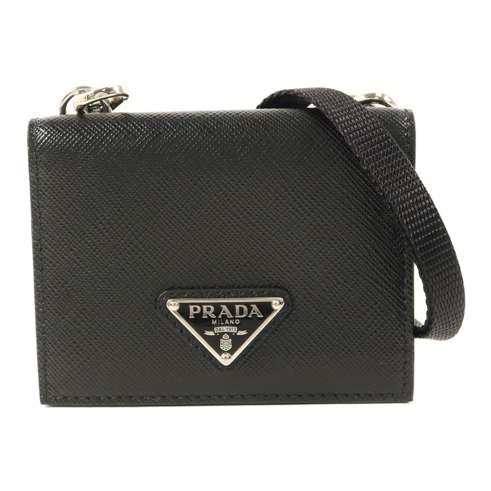 PRADA Saffiano皮革Card Case With Strap銀扣卡片套