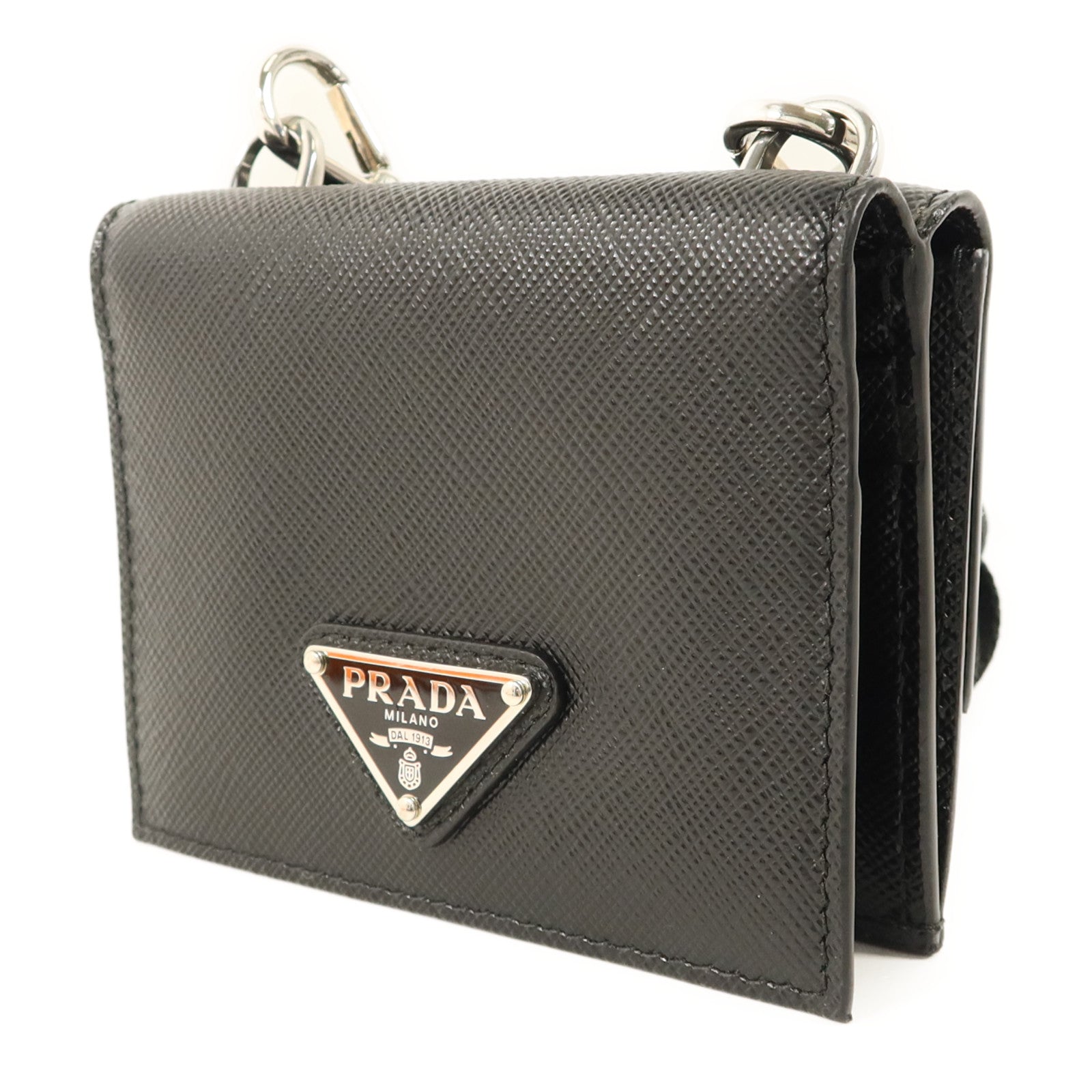 PRADA Saffiano皮革Card Case With Strap銀扣卡片套