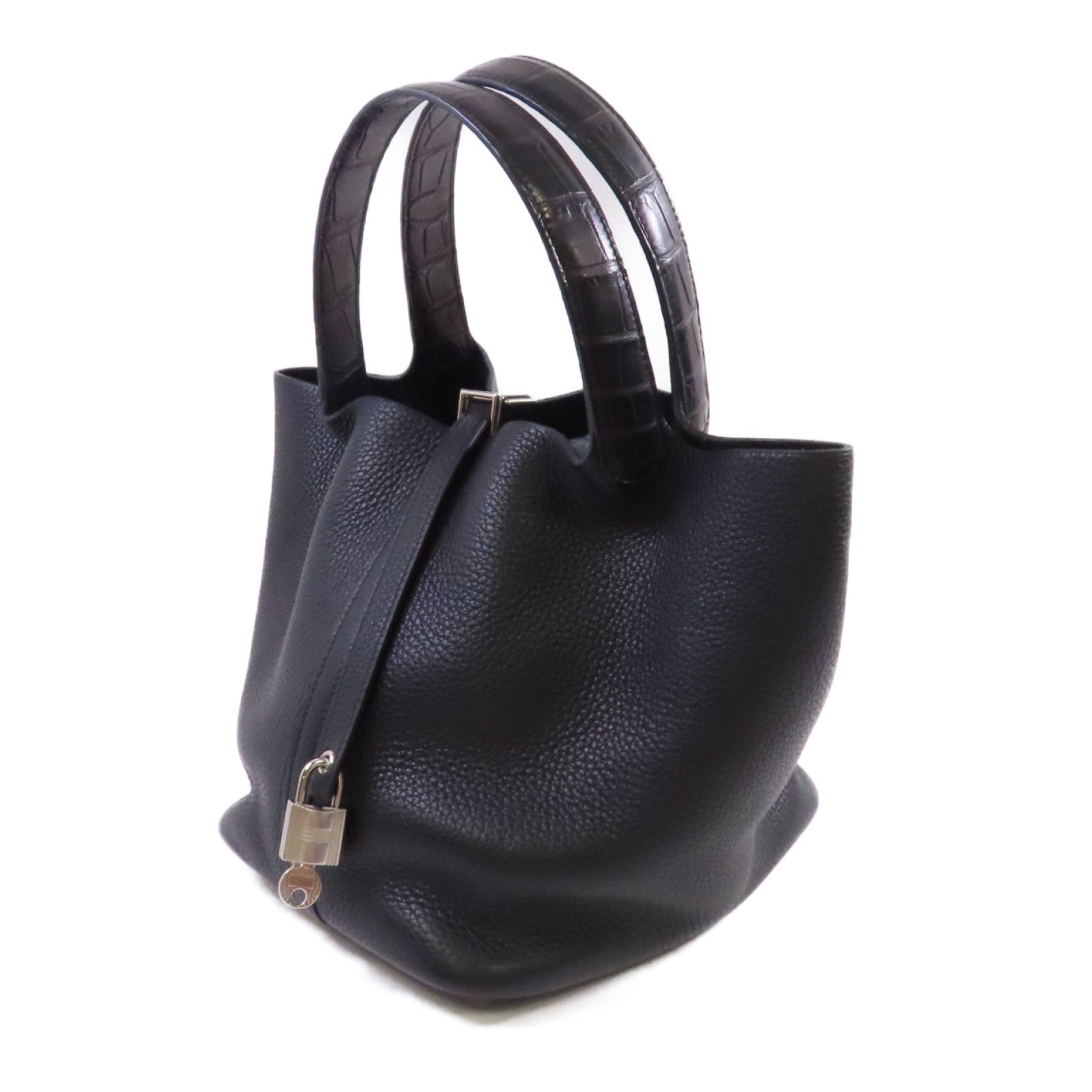 HERMES Clemence皮革/鱷魚皮革Picotin MM Tote Bag銀扣手挽袋黑色