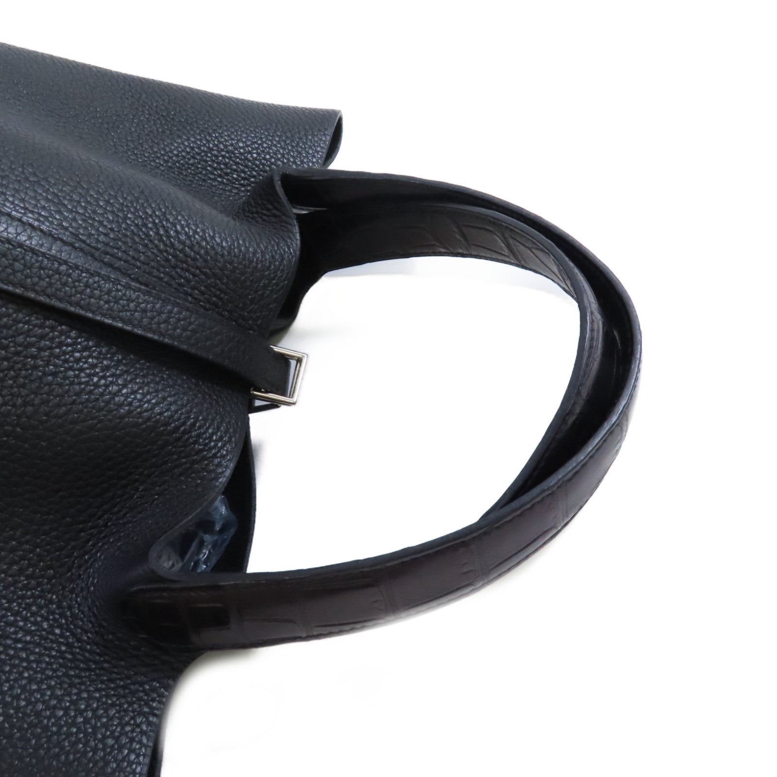 HERMES Clemence皮革/鱷魚皮革Picotin MM Tote Bag銀扣手挽袋黑色