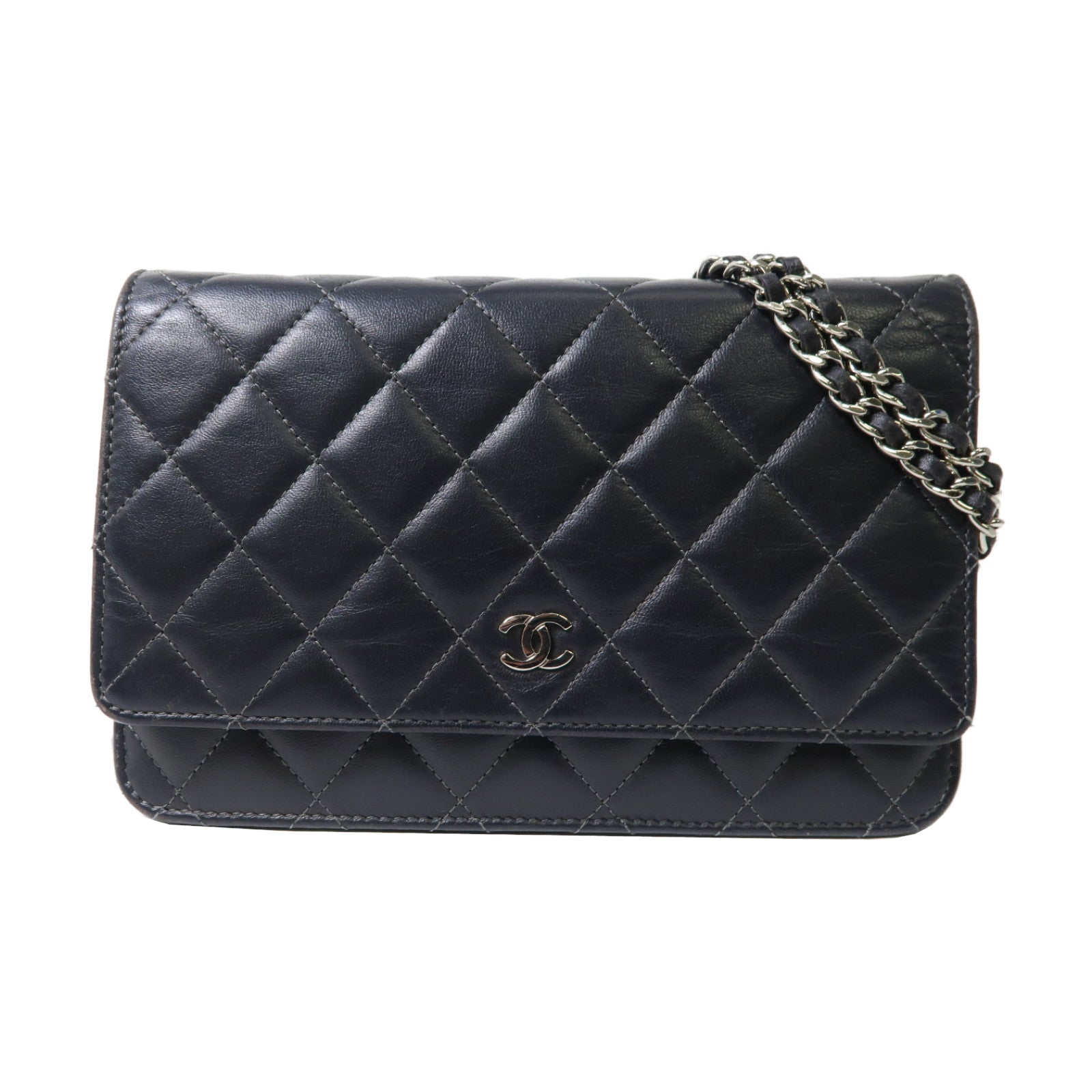 CHANEL 【激減優惠】菱格羊皮皮革Wallet On Chain銀扣鏈帶肩背袋黑色