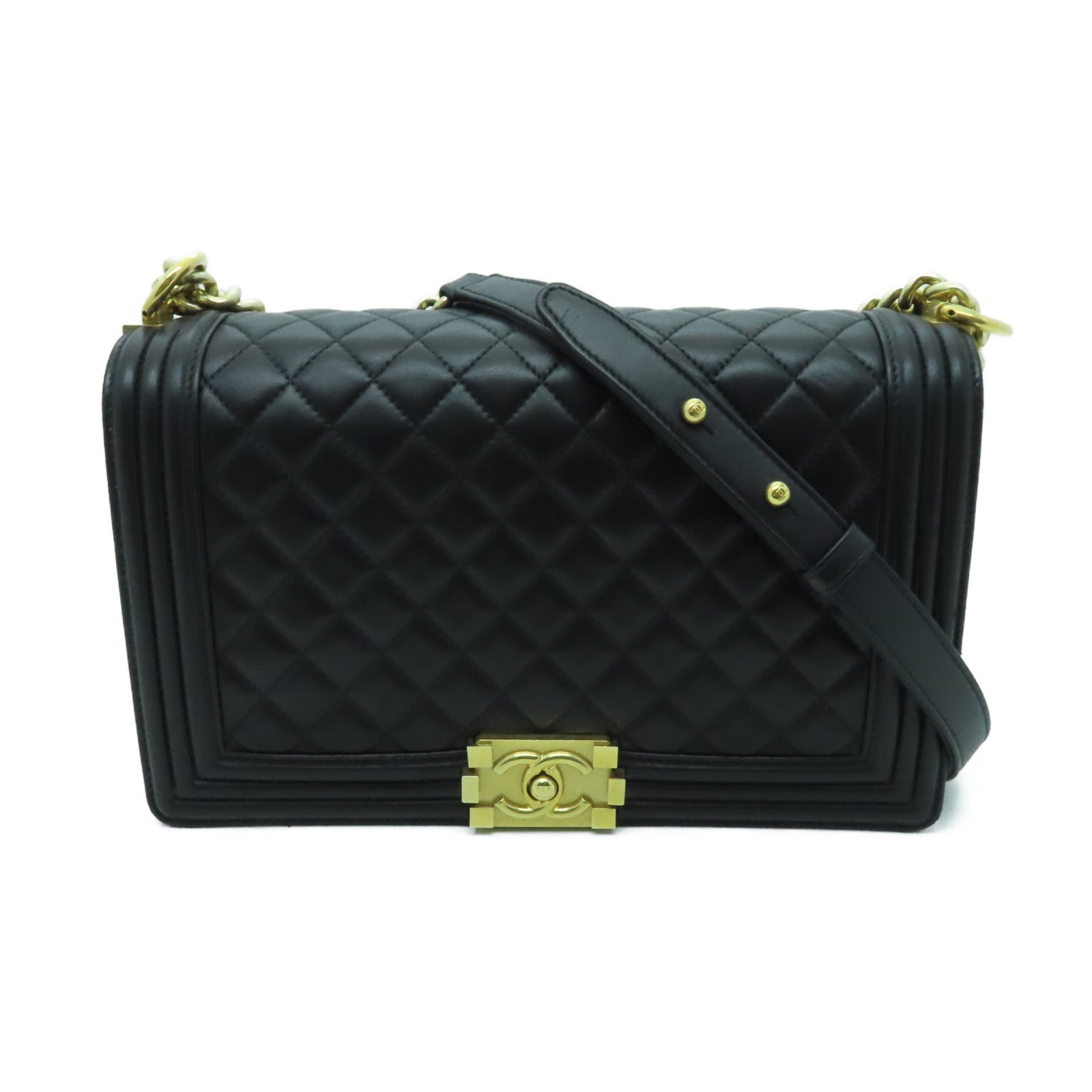 CHANEL 【激減優惠】菱格羊皮皮革Boy Chanel 28金扣鏈帶肩背袋黑色