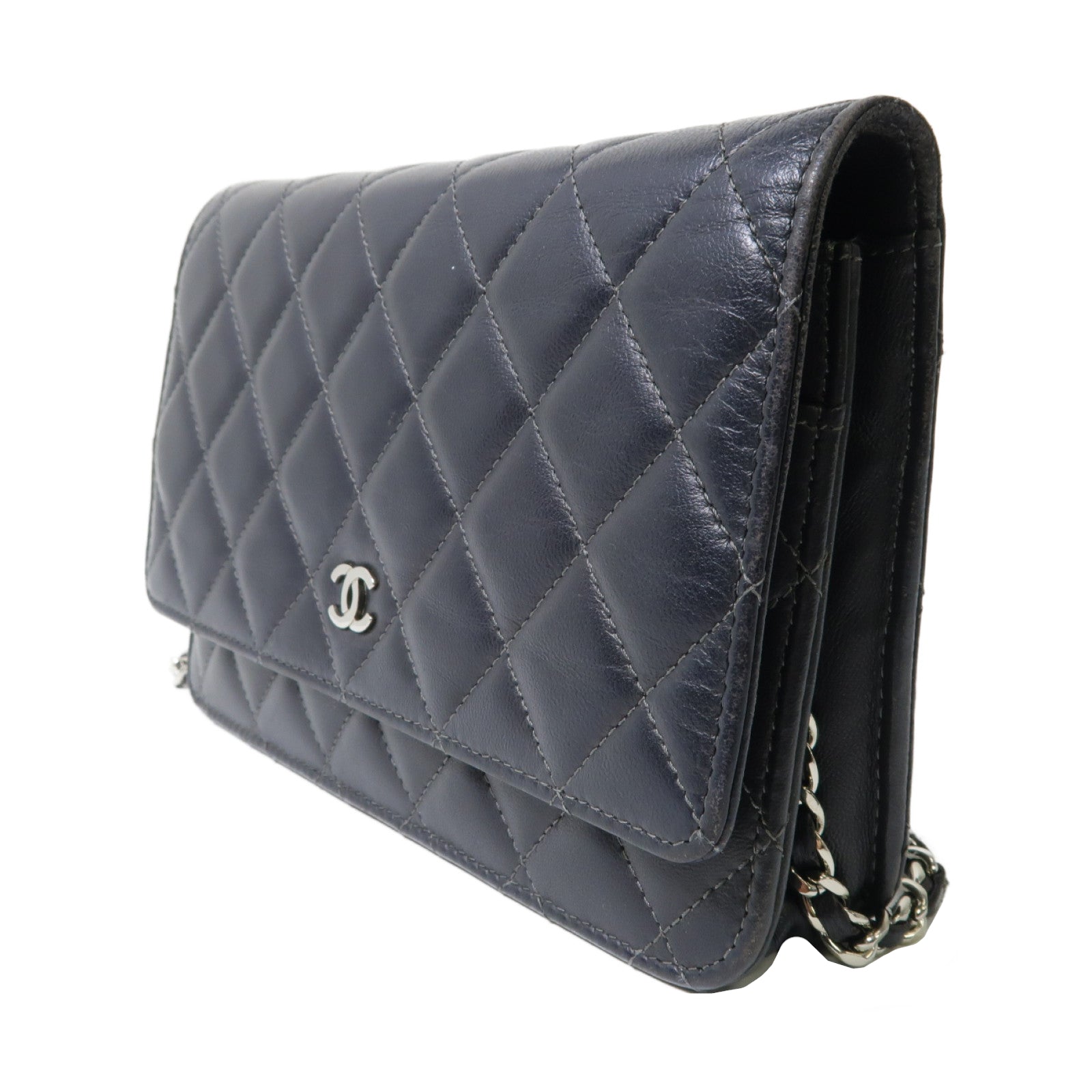 CHANEL 【激減優惠】菱格羊皮皮革Wallet On Chain銀扣鏈帶肩背袋黑色