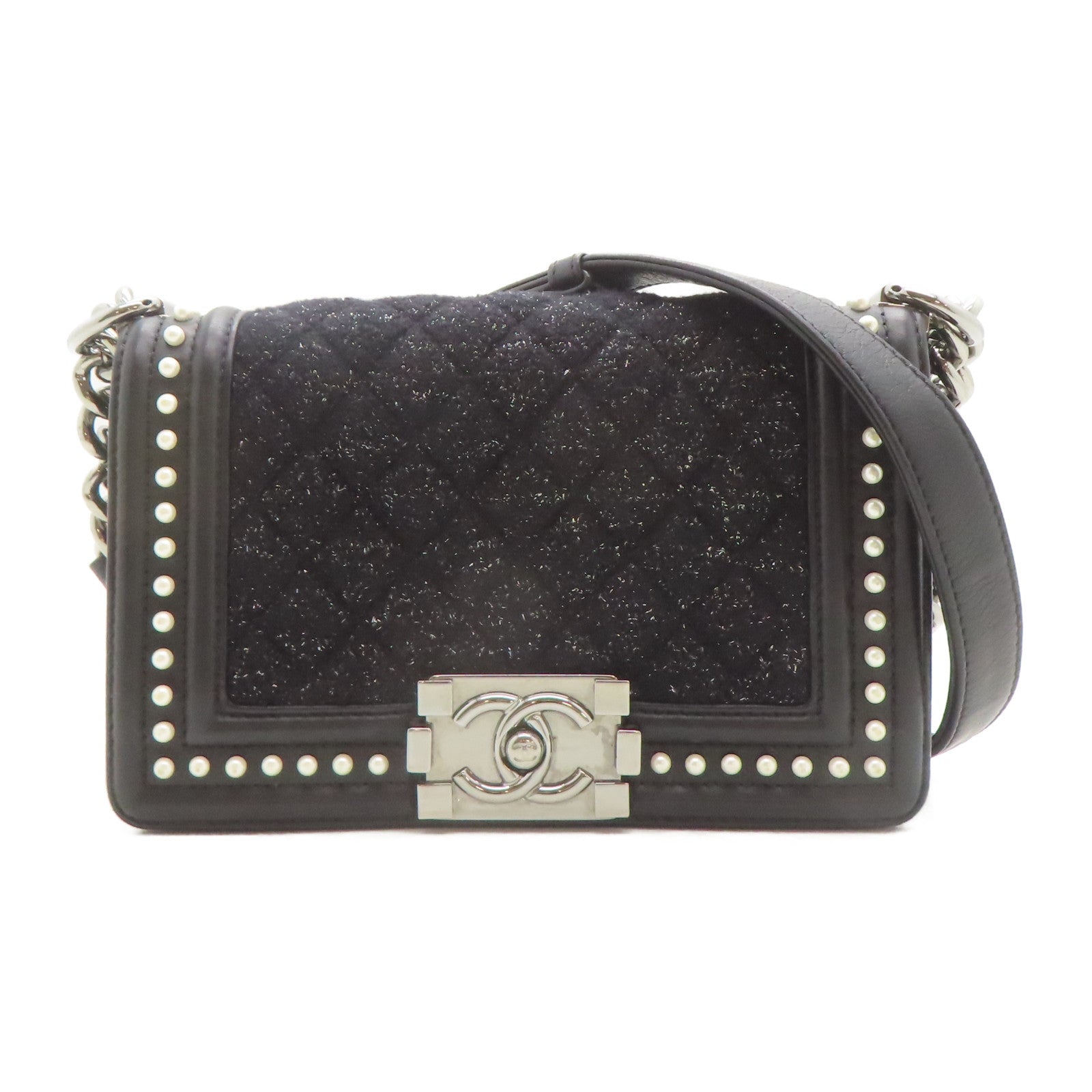 CHANEL 【激減優惠】斜紋軟呢Boy Chanel銀扣鏈帶肩背袋黑色